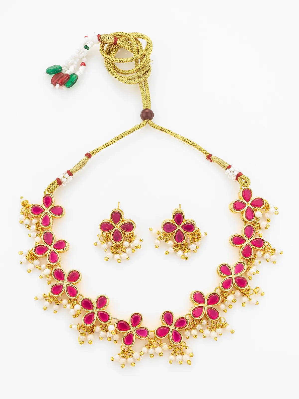 Aadita Gold Plated Pink Floral Kundan Necklace Set with Pearl Clusters