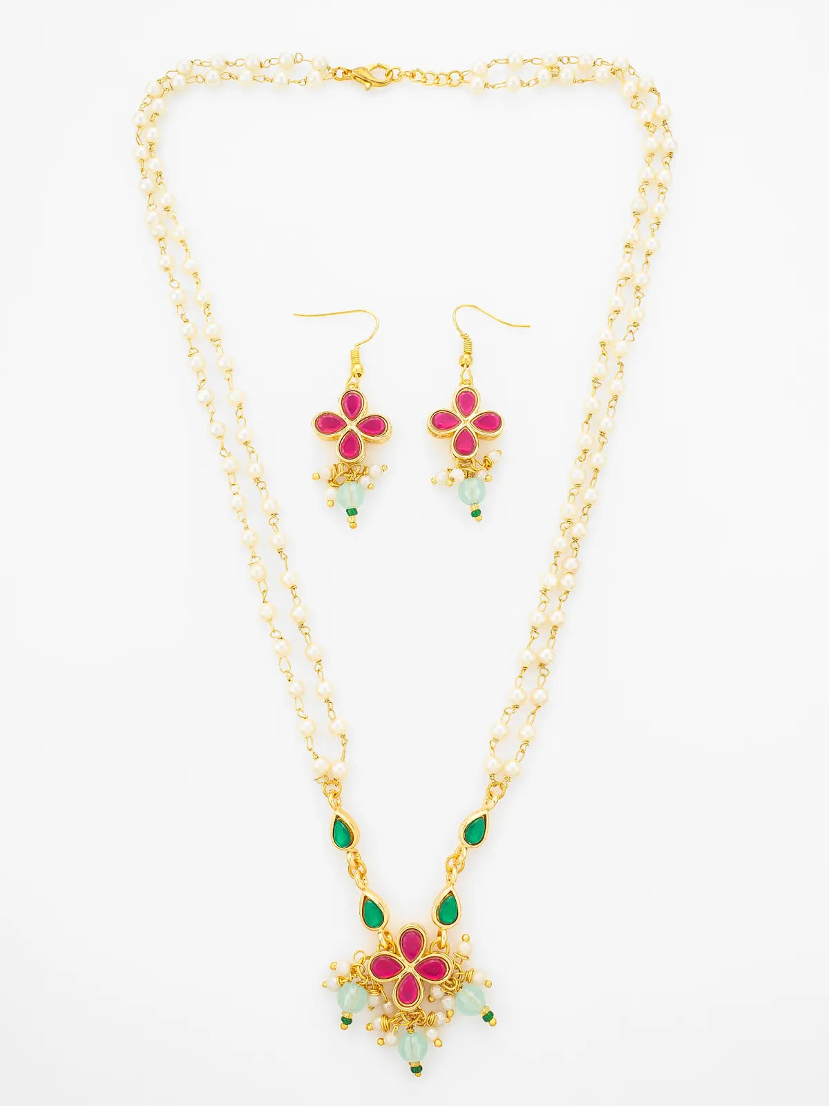 Aadita Gold Plated Double Layered Pearl Chain Necklace with Floral Pendant