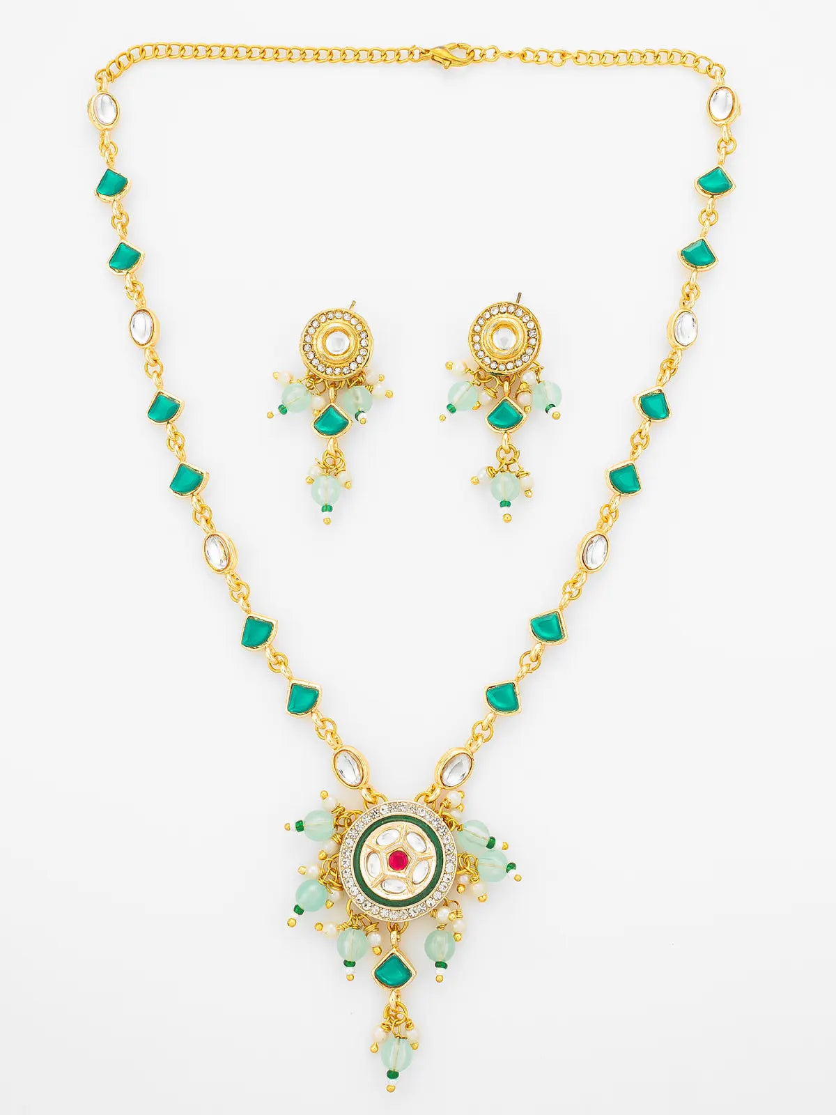 Aadita Gold Plated Green Stone Kundan Necklace with Circular Pendant