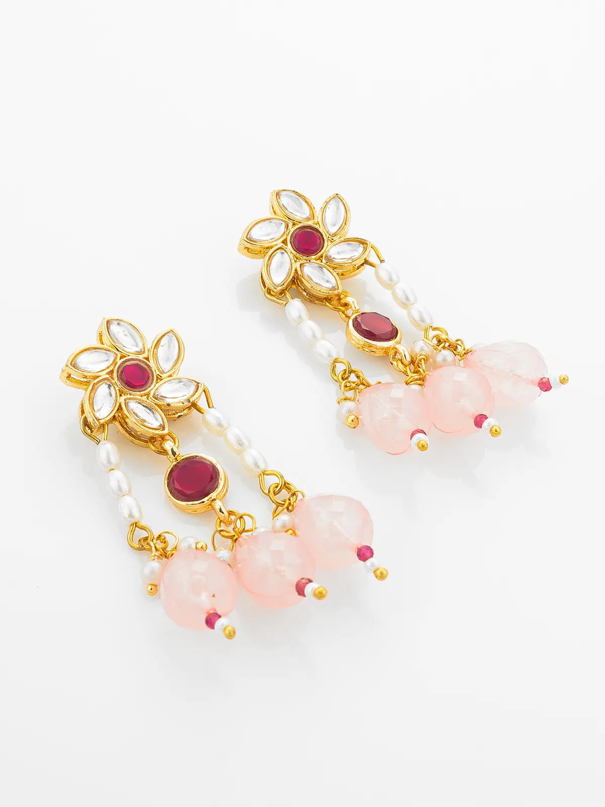 Aadita Gold Plated Multi Strand Pearl Necklace with Ruby Red Pendant