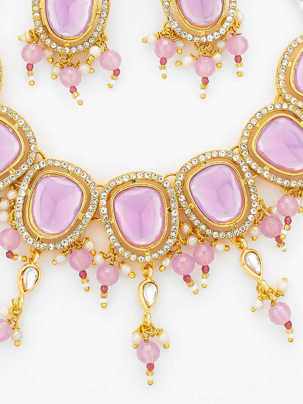 Aadita Gold Plated Lavender Stone Kundan Choker Necklace Set
