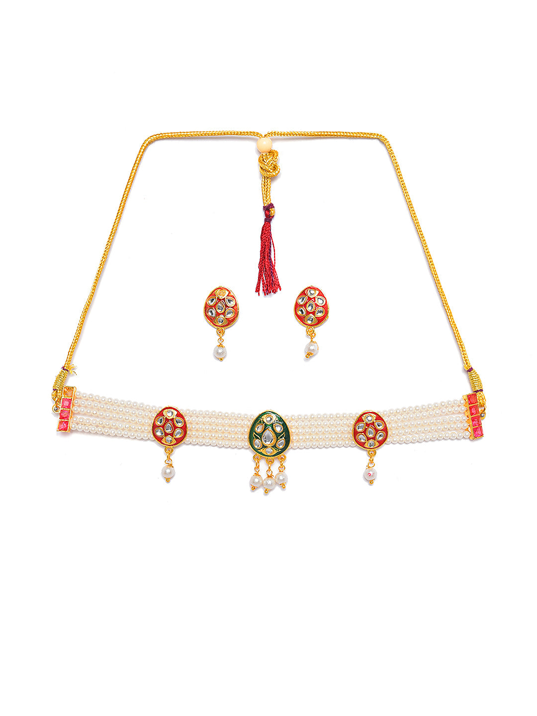 Gold-Plated White Kundan-Studded & Beaded Jewellery Set
