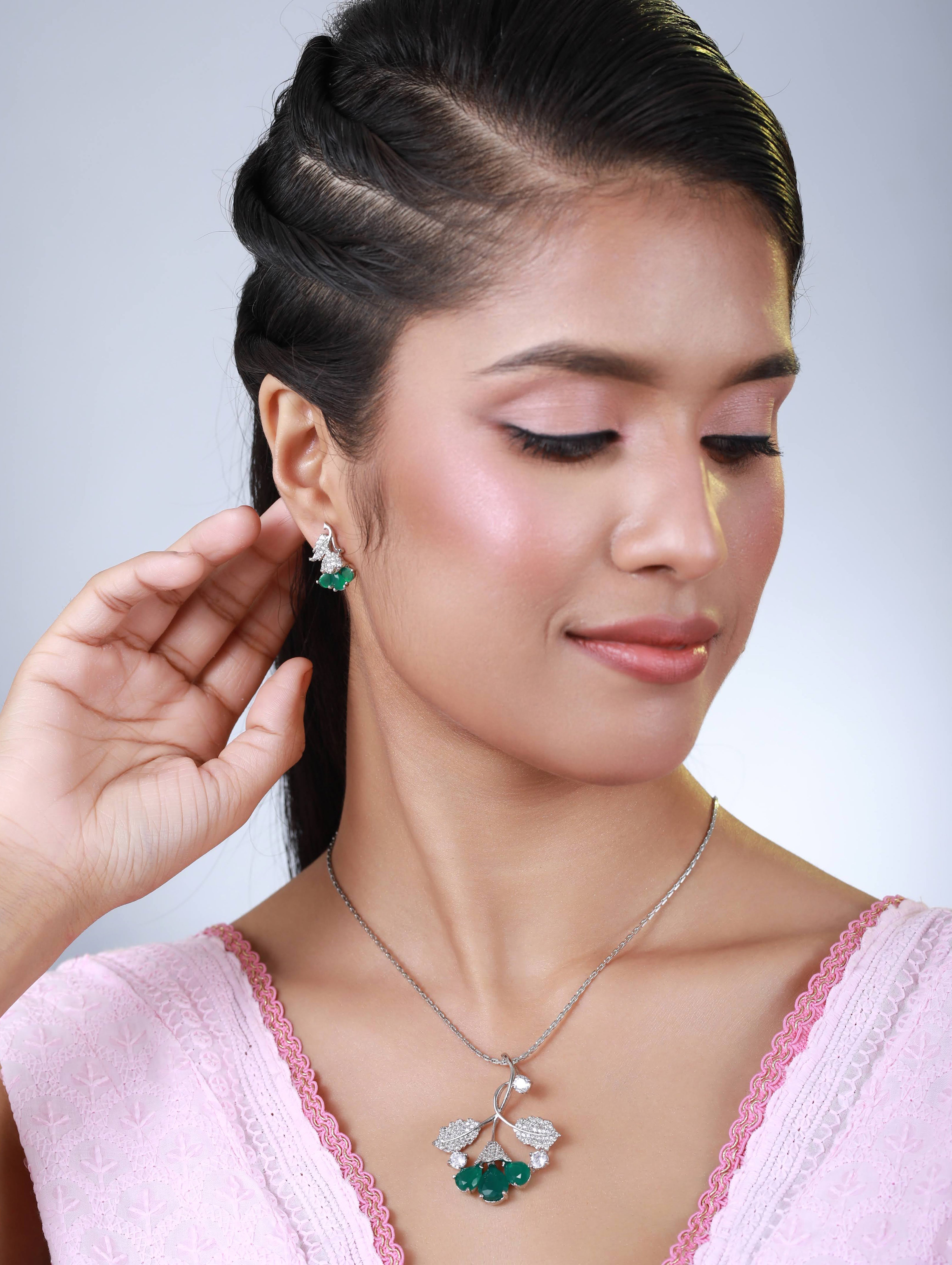 Green American Diamond Silver Plated Statement Pendant & Earring Set
