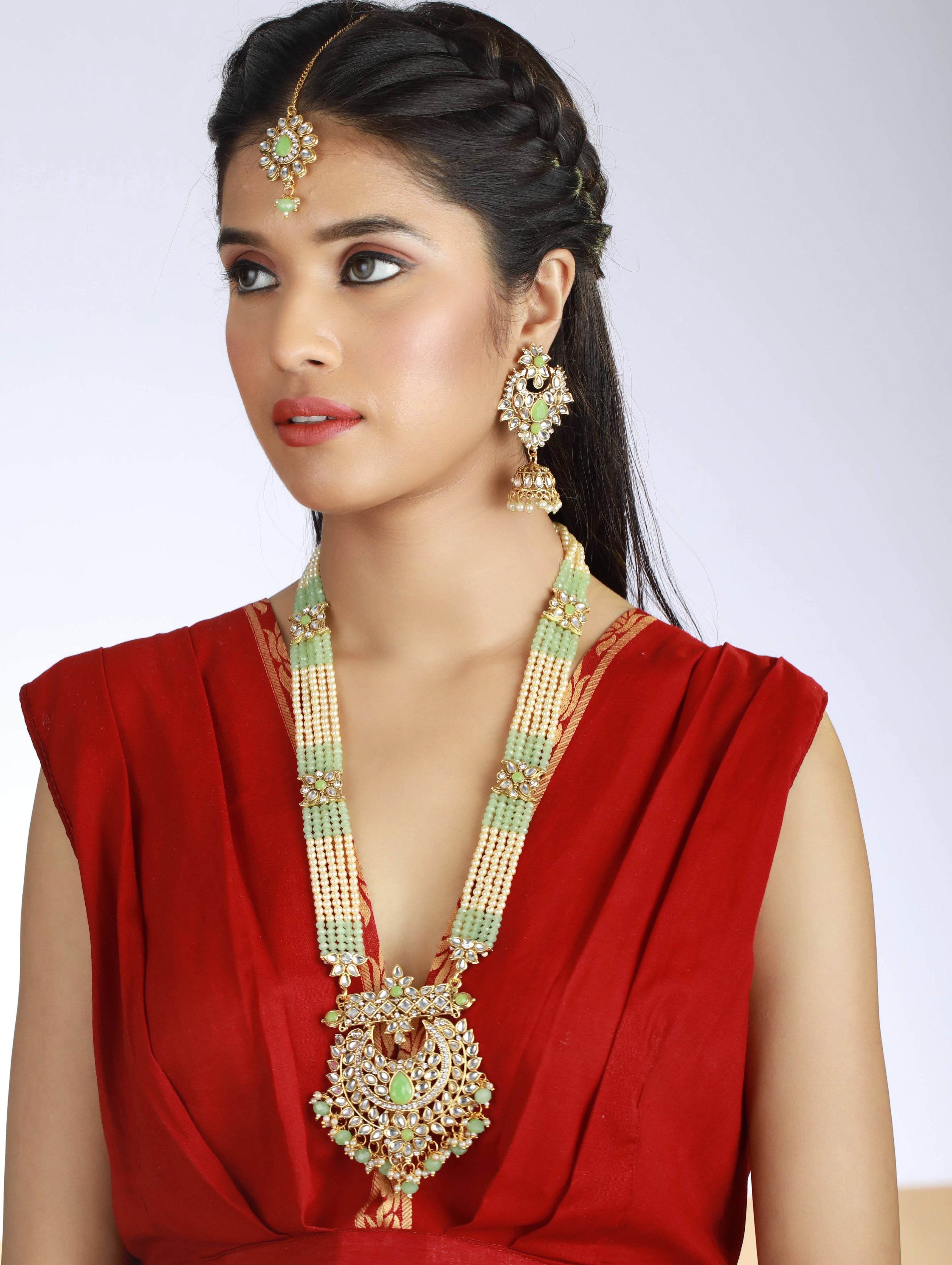 Mint Green Colored Gold-Plated Kundan-Studded & Beaded Handcrafted Jewellery Set