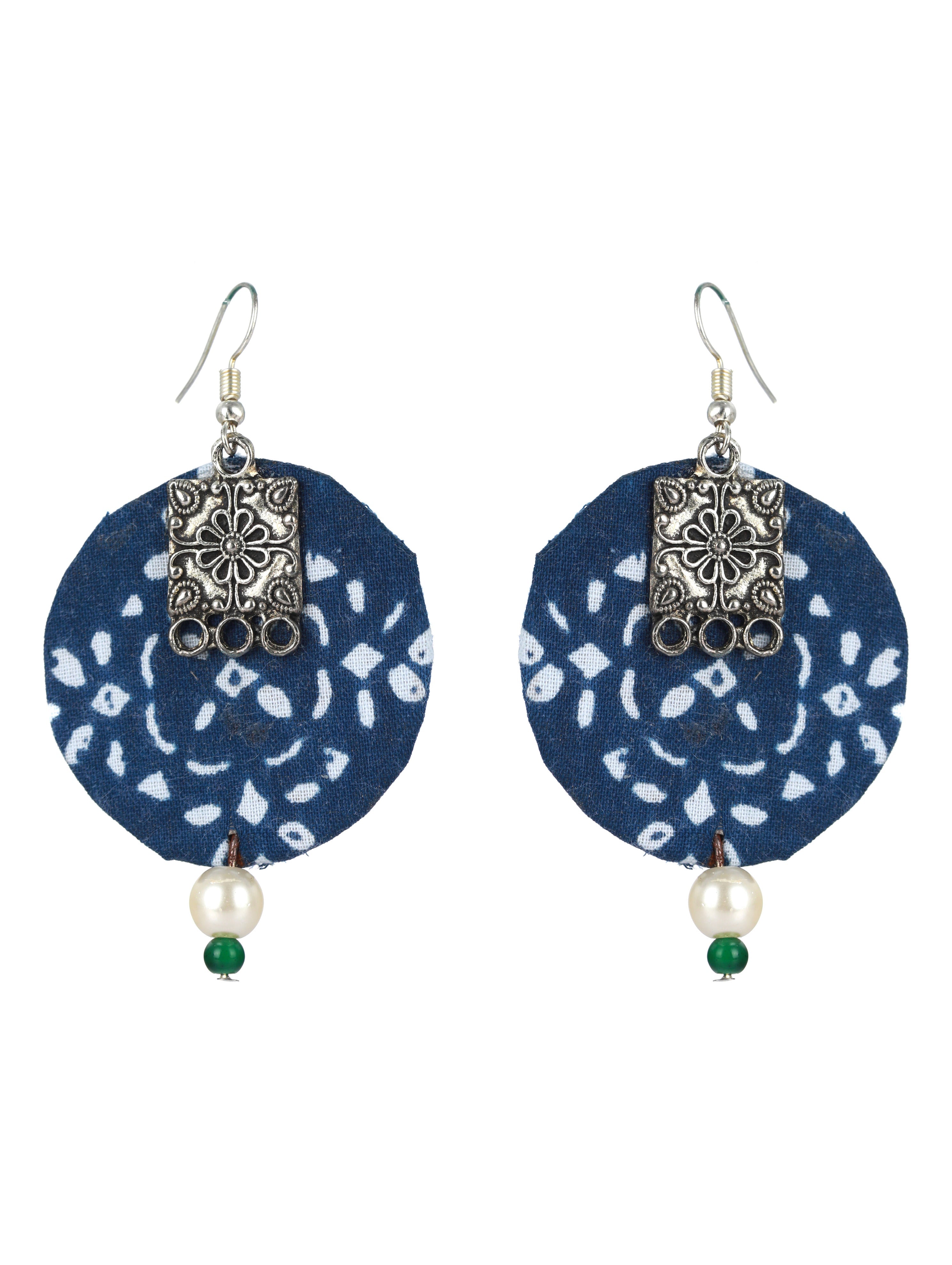 Blue And White Handpainted Fabric Material & Silver Work With White & Green Beads Jewellery Set