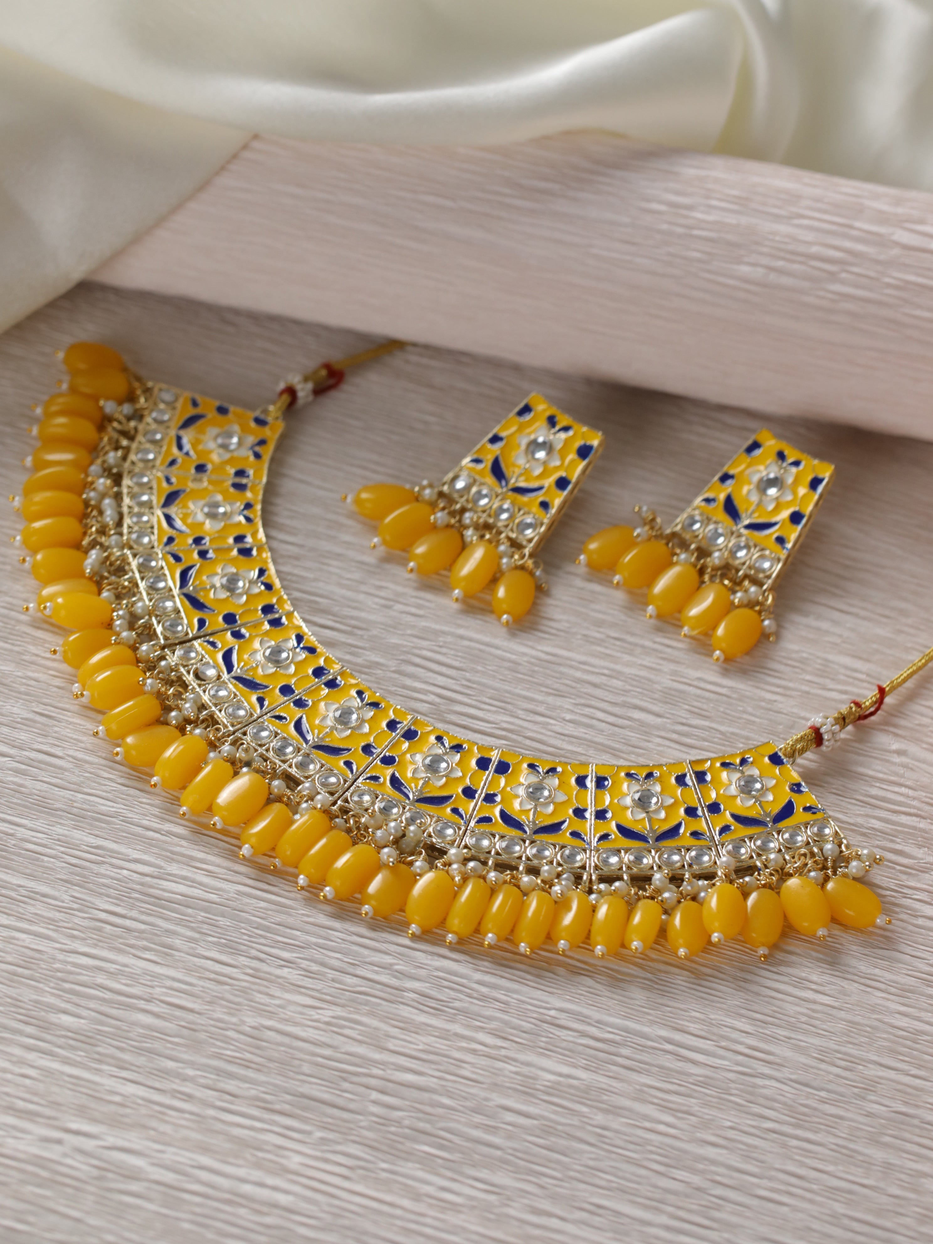 Gold-Plated Yellow Meenakari & Pearl Beaded Choker Jewellery Set