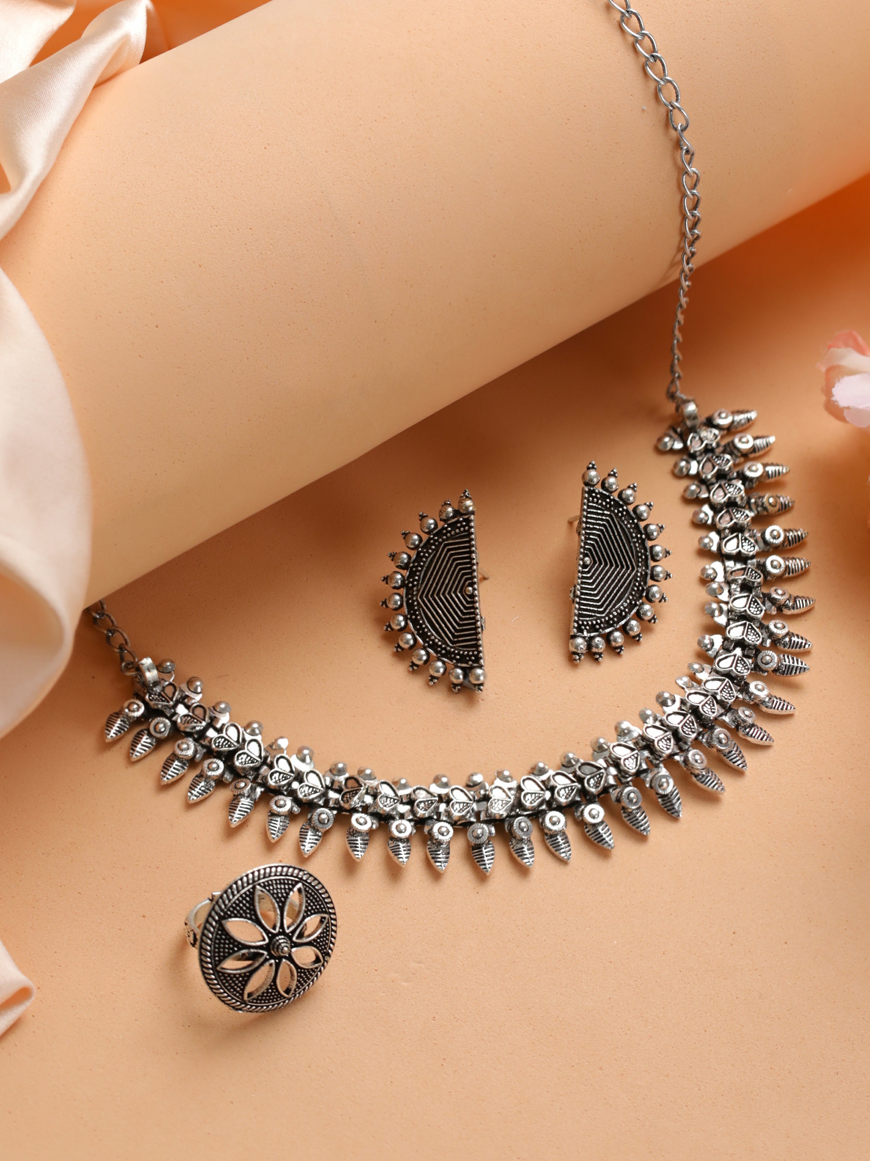 Oxidised Silver-Plated German Silver Jewellery Set With Ring