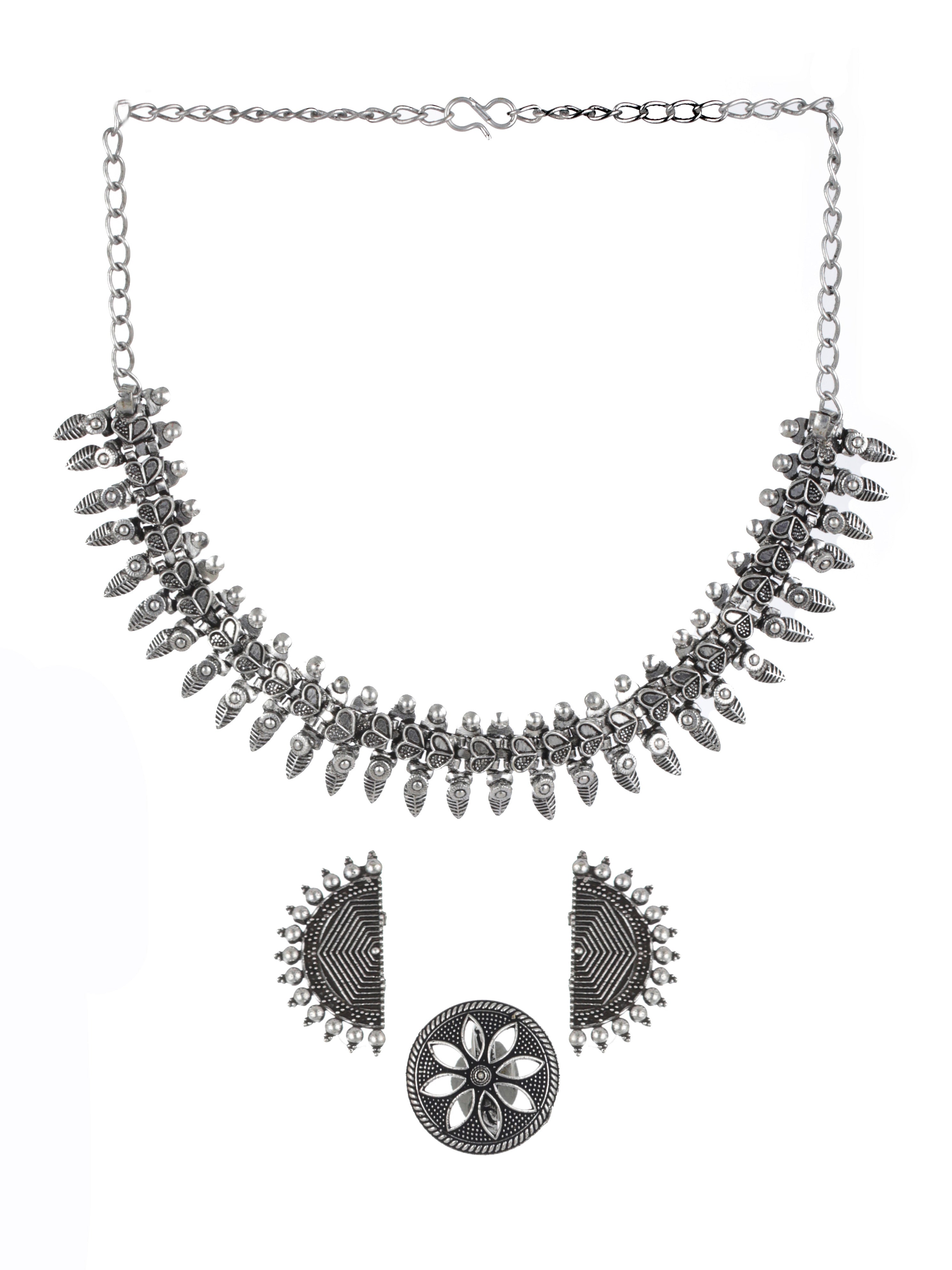 Oxidised Silver-Plated German Silver Jewellery Set With Ring