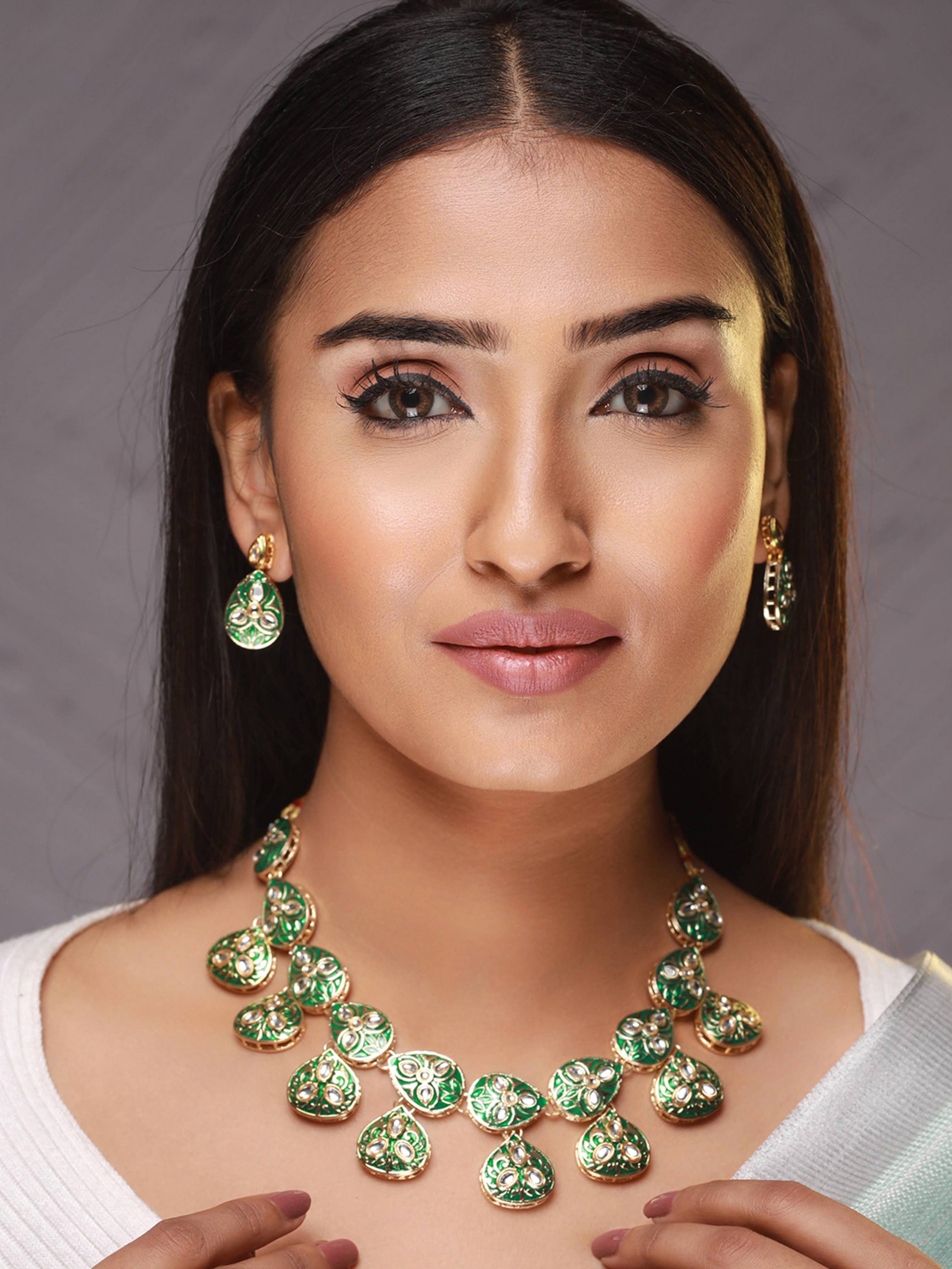 Green & Gold-Plated Enamelledand Kundan Studded Handcrafted Jewellery Set