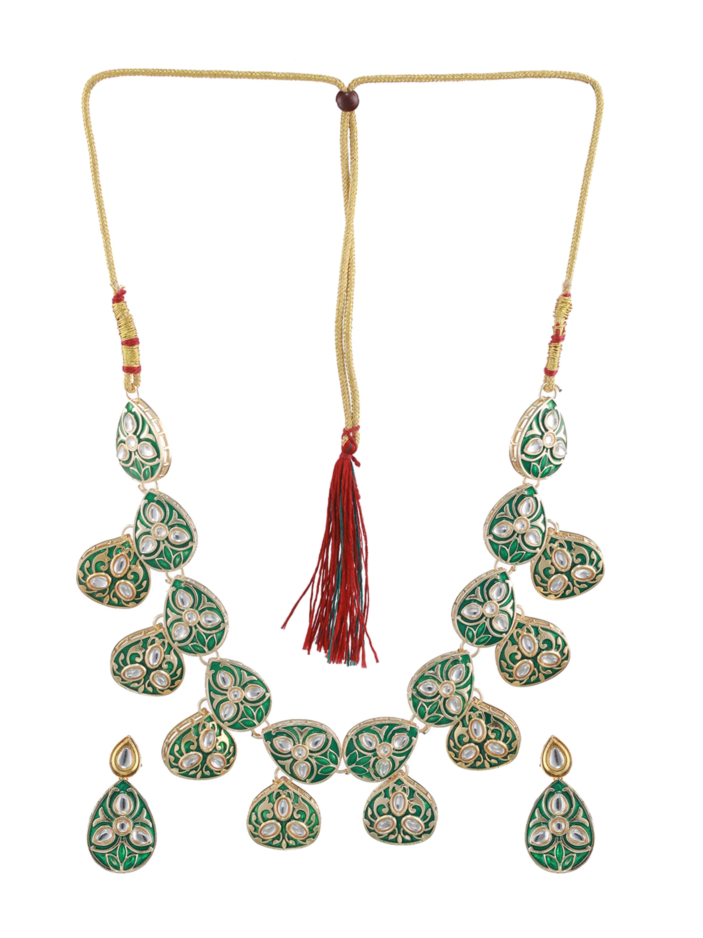 Green & Gold-Plated Enamelledand Kundan Studded Handcrafted Jewellery Set