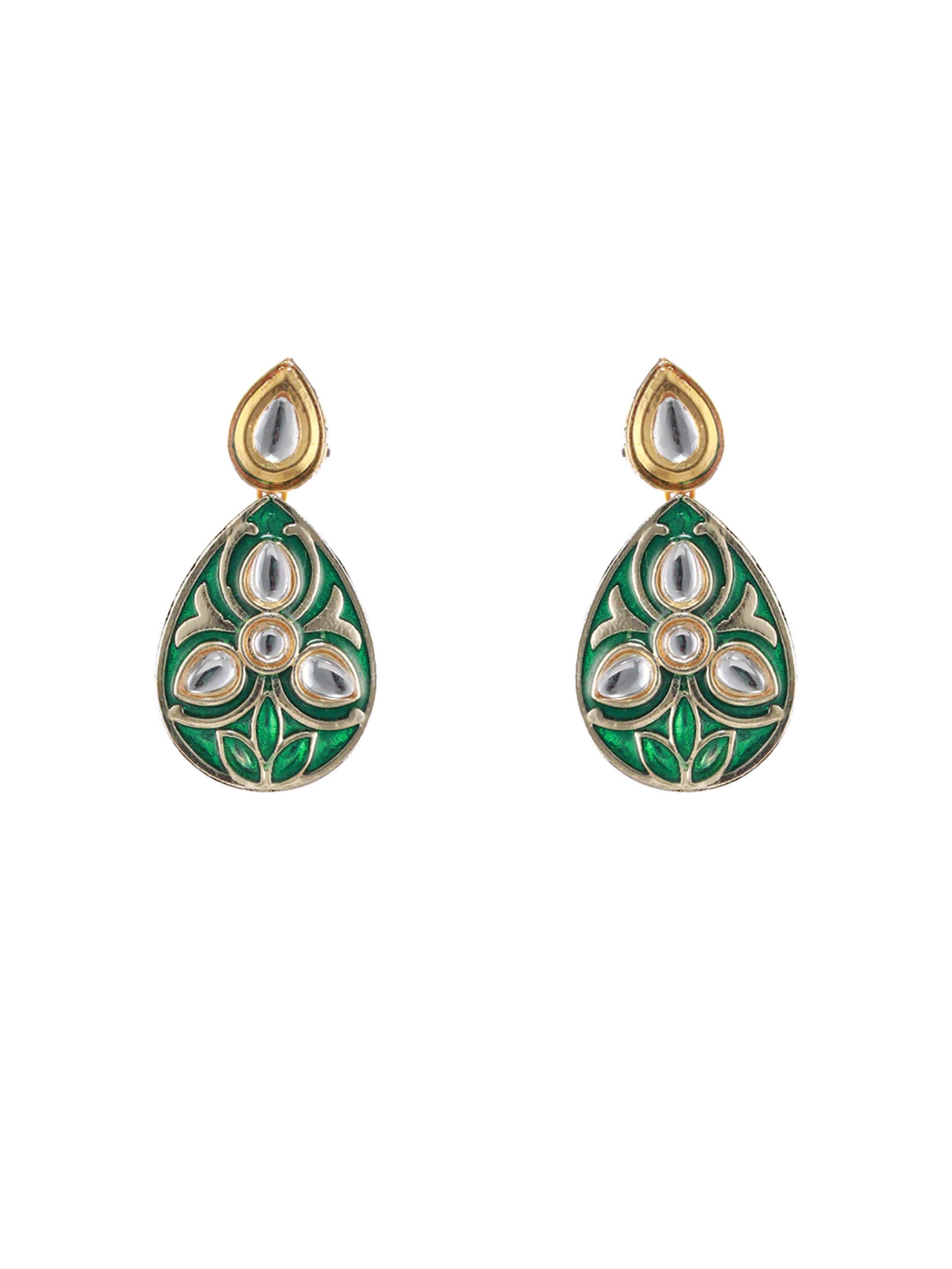 Green & Gold-Plated Enamelledand Kundan Studded Handcrafted Jewellery Set