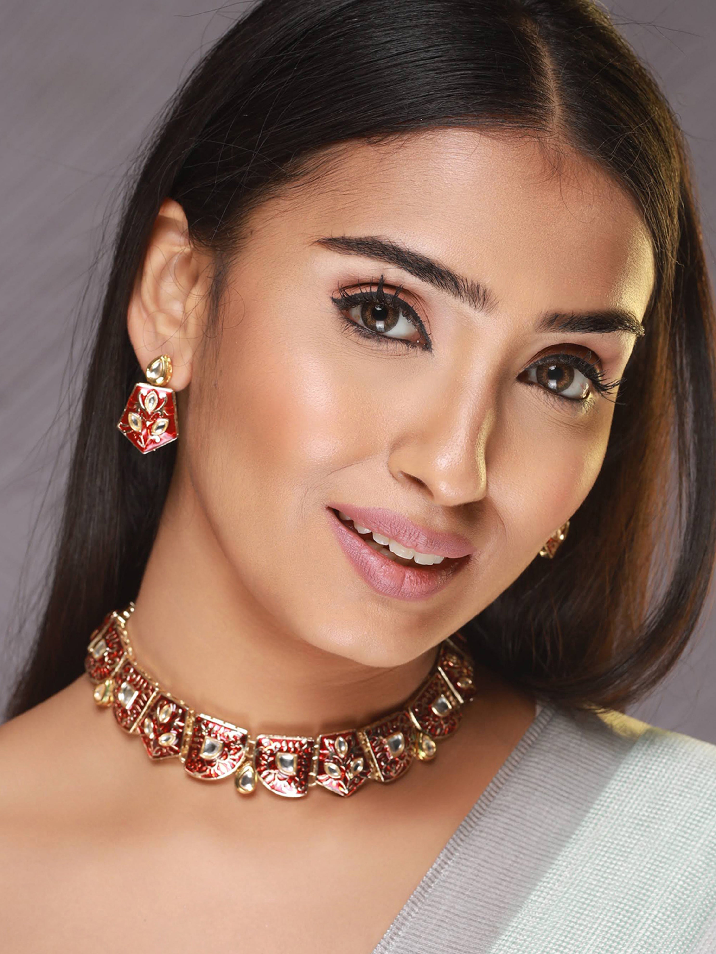 Maroon Gold-Plated Enamelled And Kundan Studded Handcrafted Jewellery Set