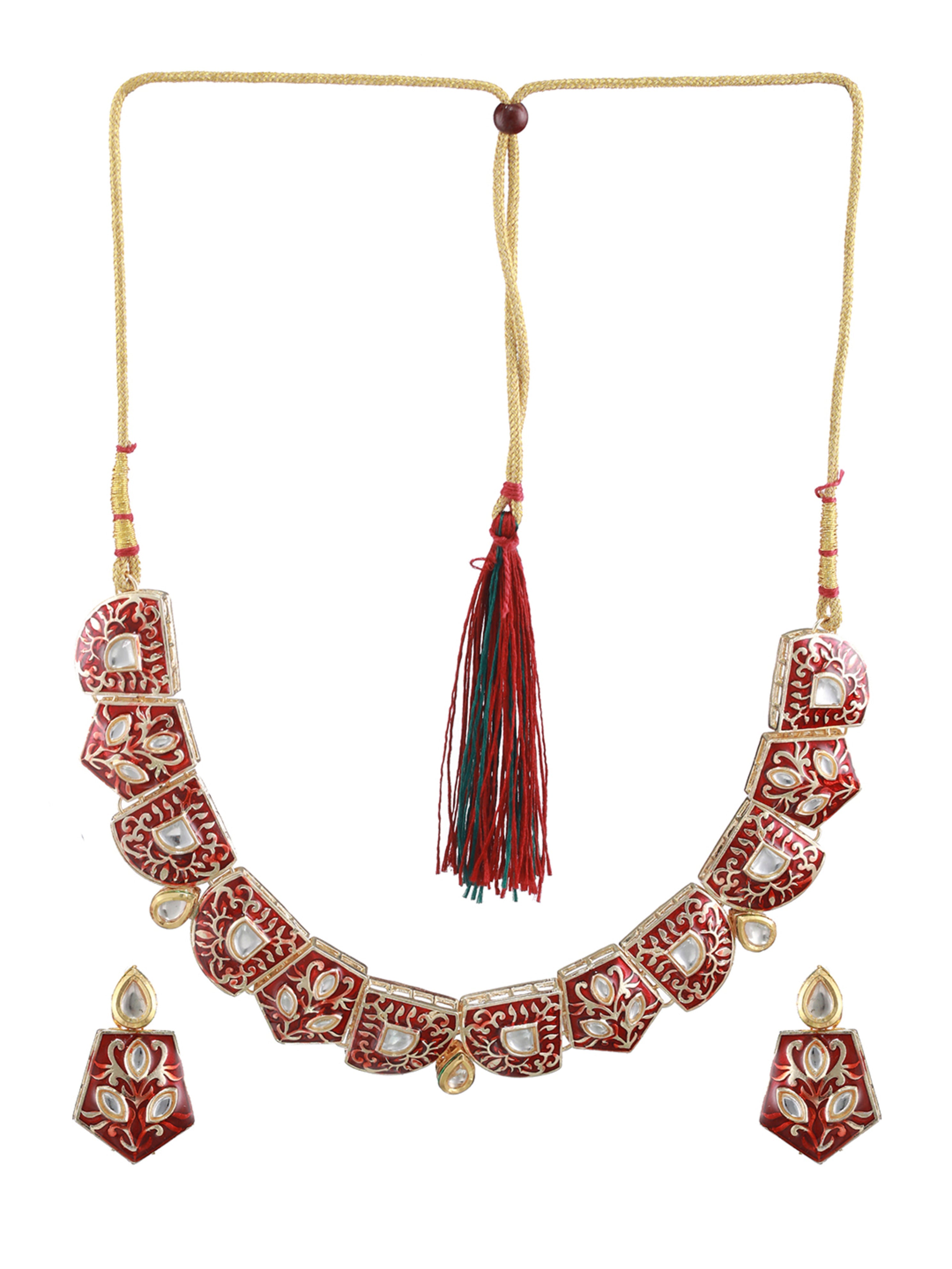 Maroon Gold-Plated Enamelled And Kundan Studded Handcrafted Jewellery Set