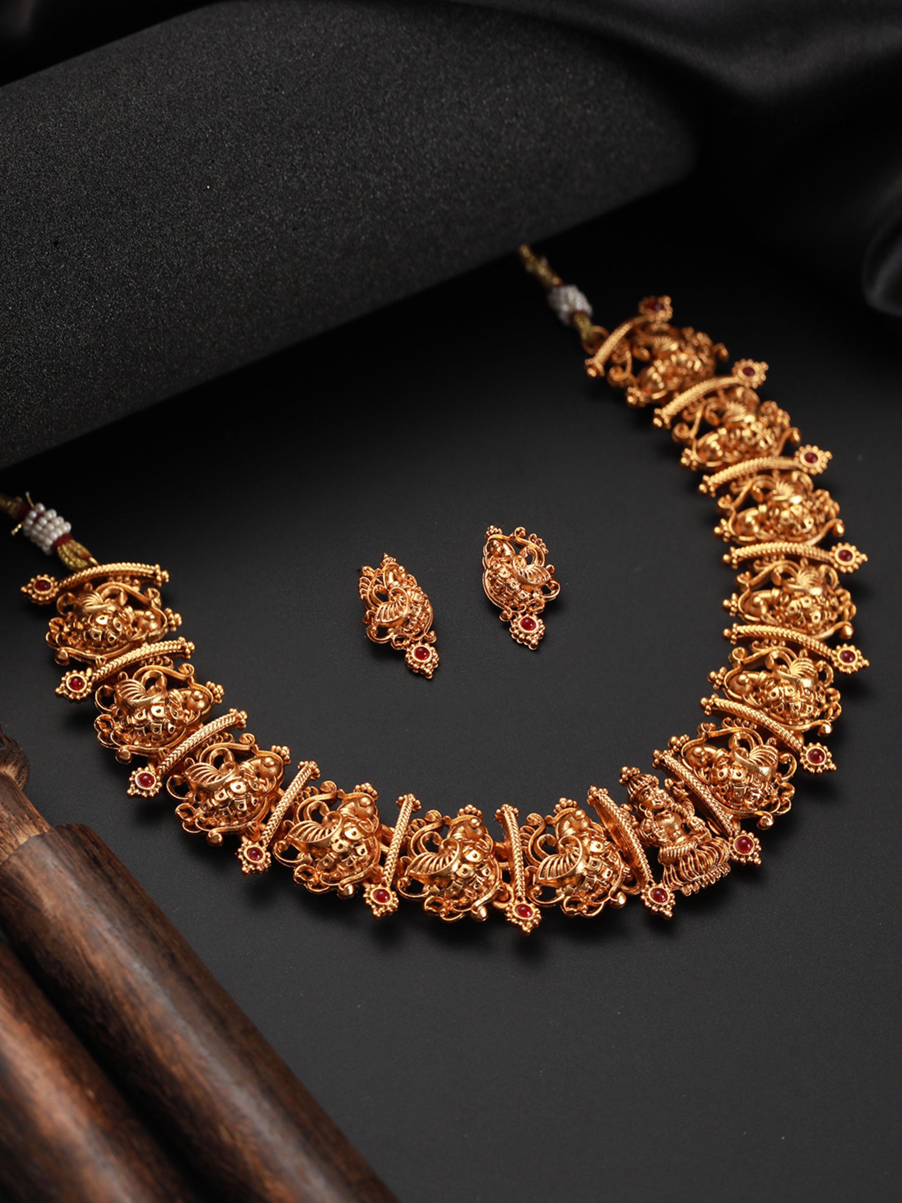 Gold-Plated Red Stone-Studded Temple Choker Jewellery Set