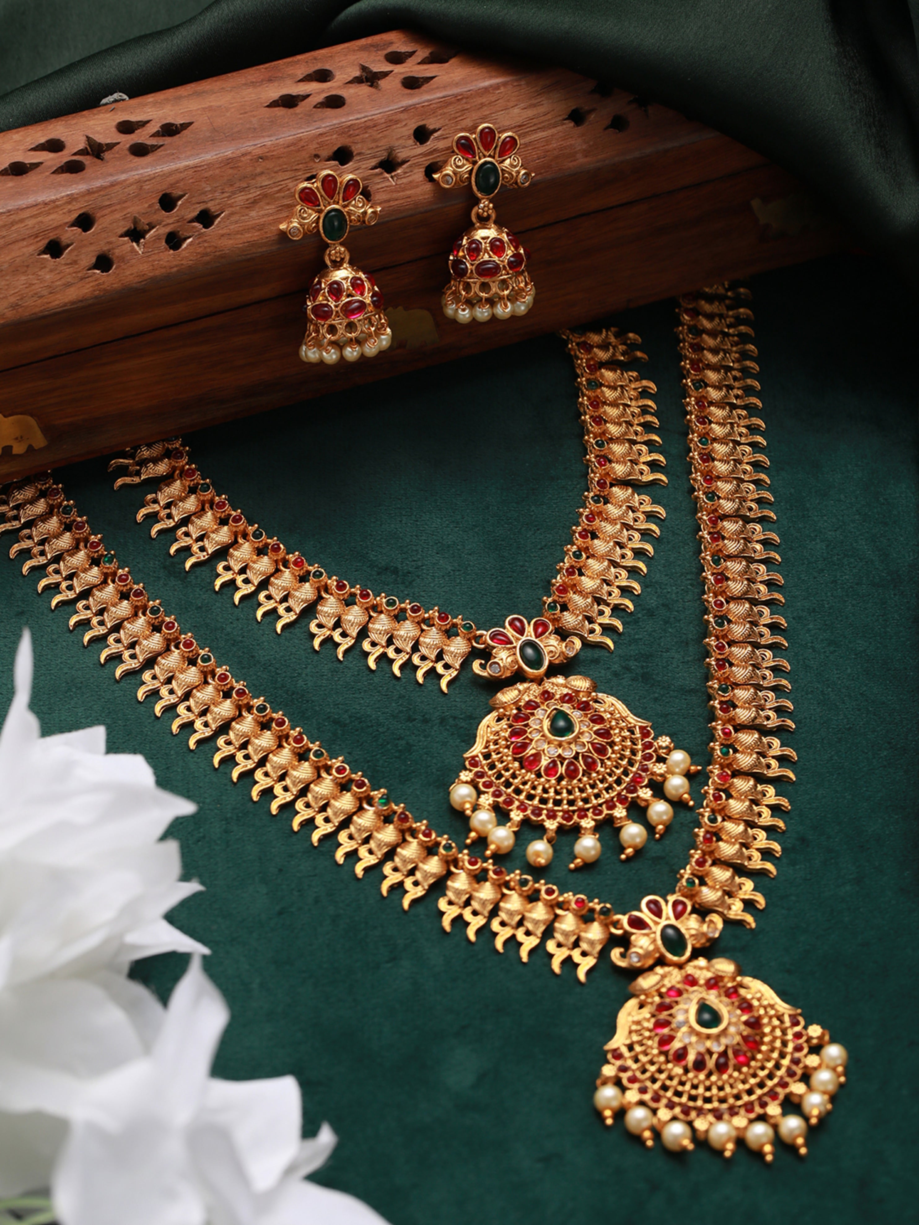 Set Of 2 Green & Red Stone Studded & Beaded Gold-Plated Temple Choker Jewellery Set