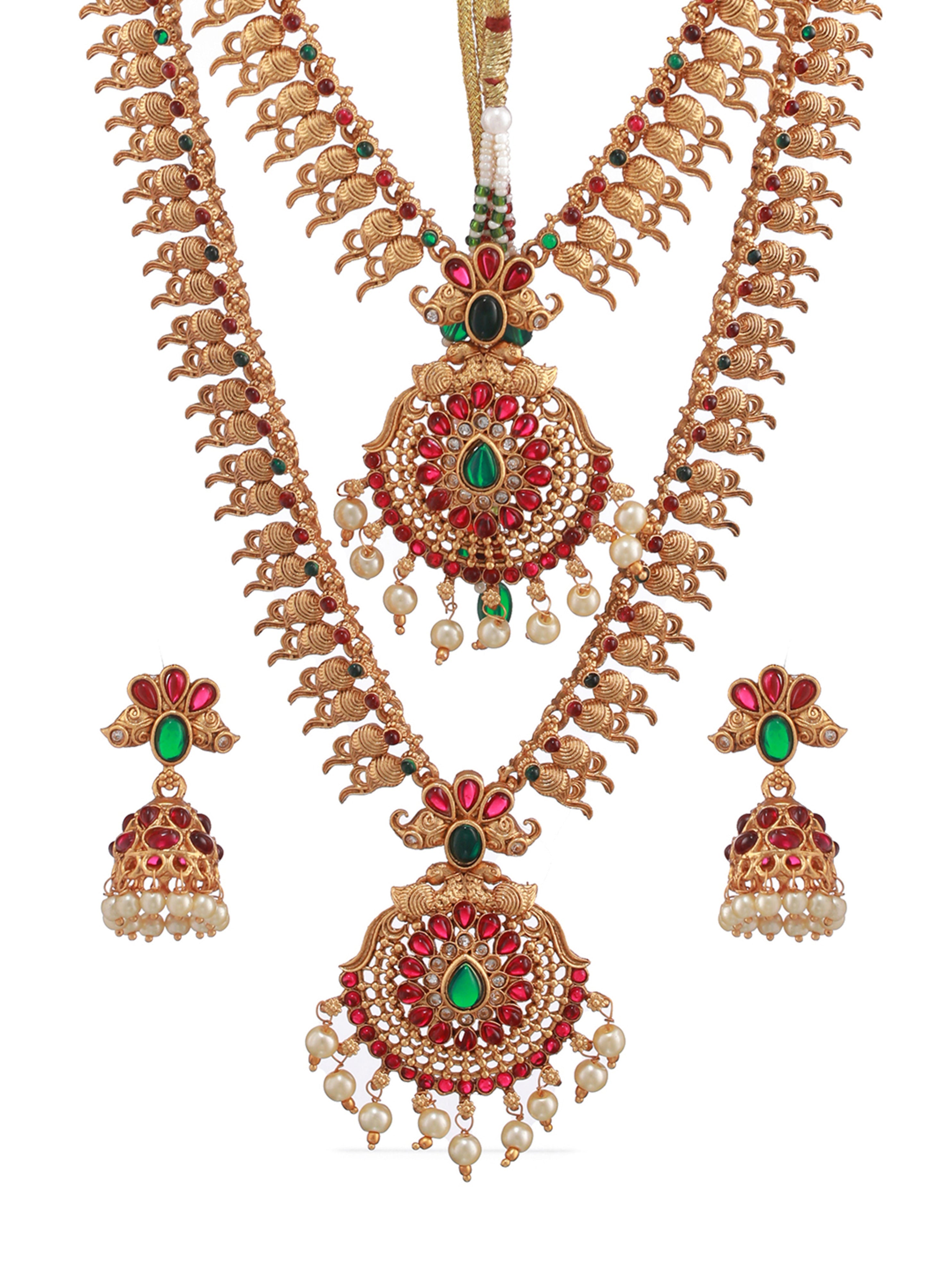 Set Of 2 Green & Red Stone Studded & Beaded Gold-Plated Temple Choker Jewellery Set