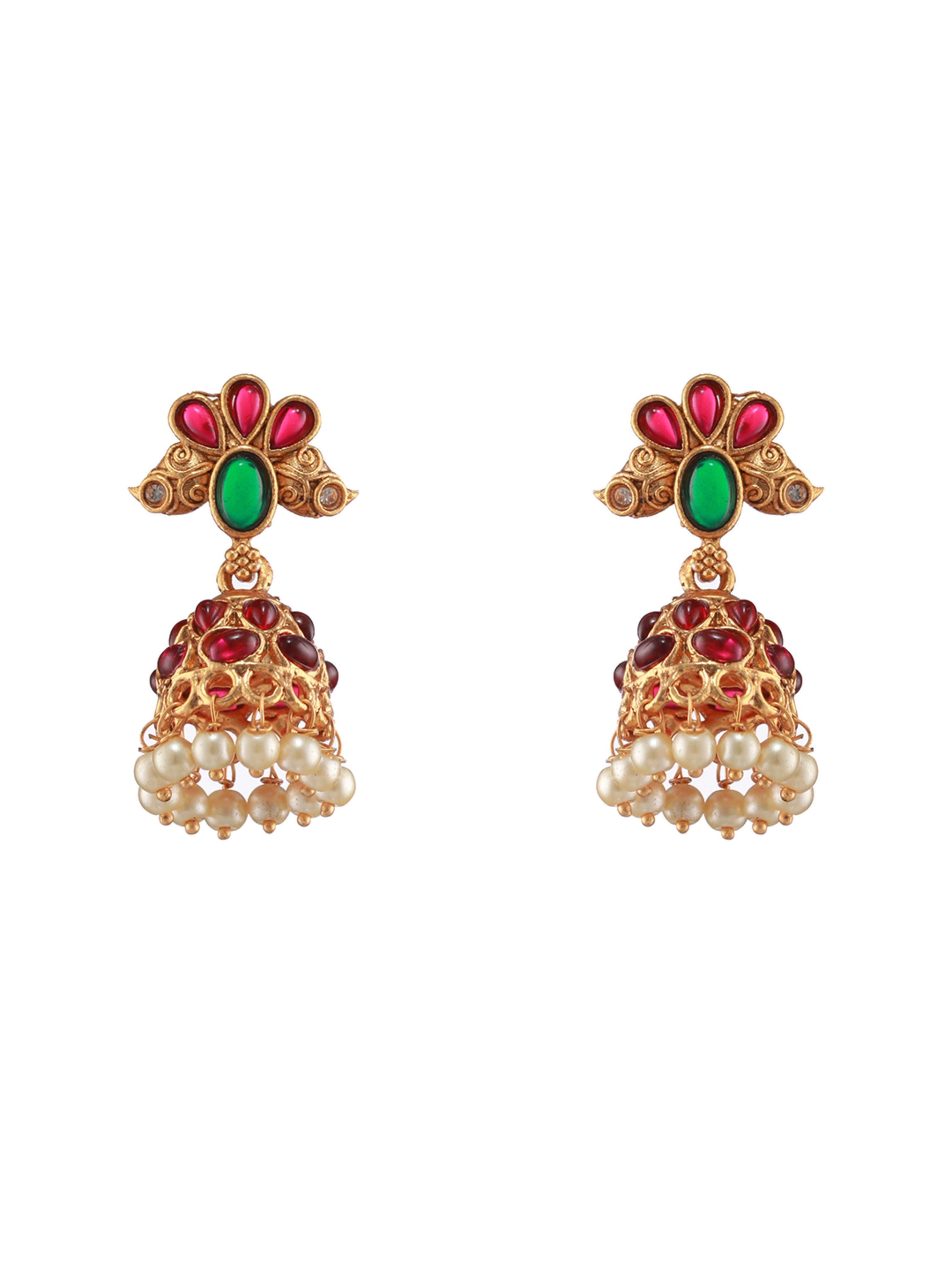 Set Of 2 Green & Red Stone Studded & Beaded Gold-Plated Temple Choker Jewellery Set