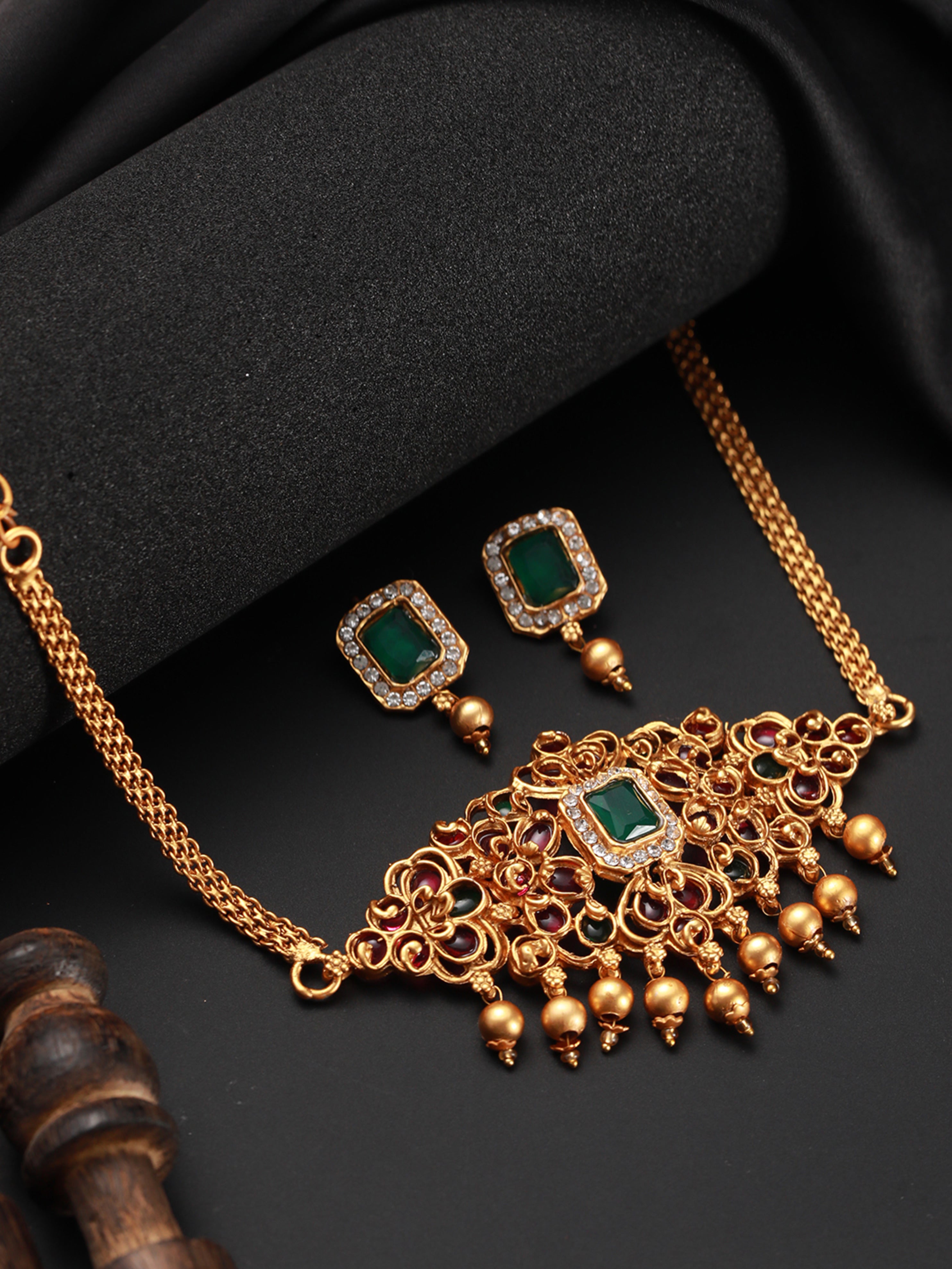 Gold-Plated Pink & Green Stone-Studded Handcrafted Temple Choker Set