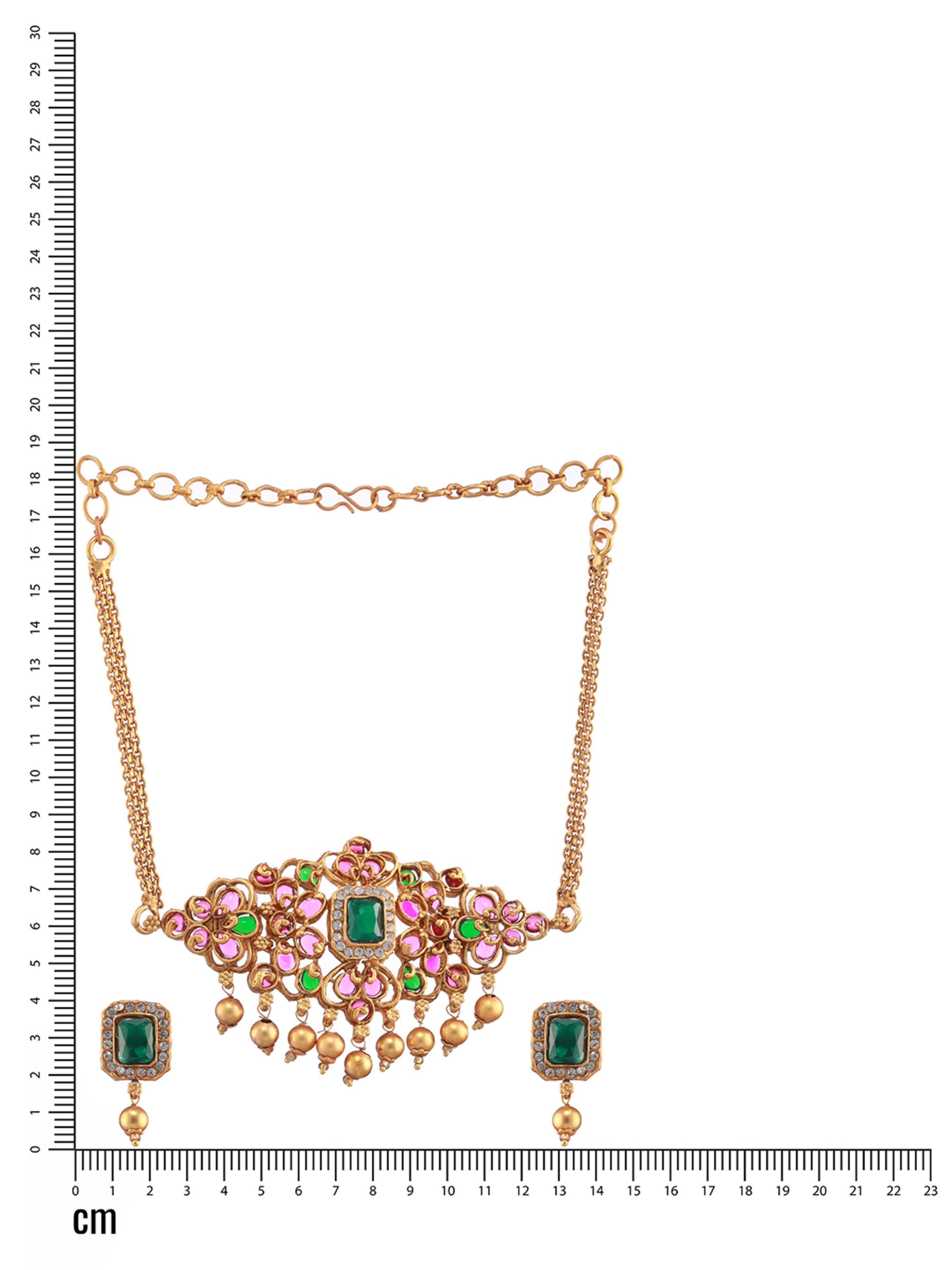 Gold-Plated Pink & Green Stone-Studded Handcrafted Temple Choker Set