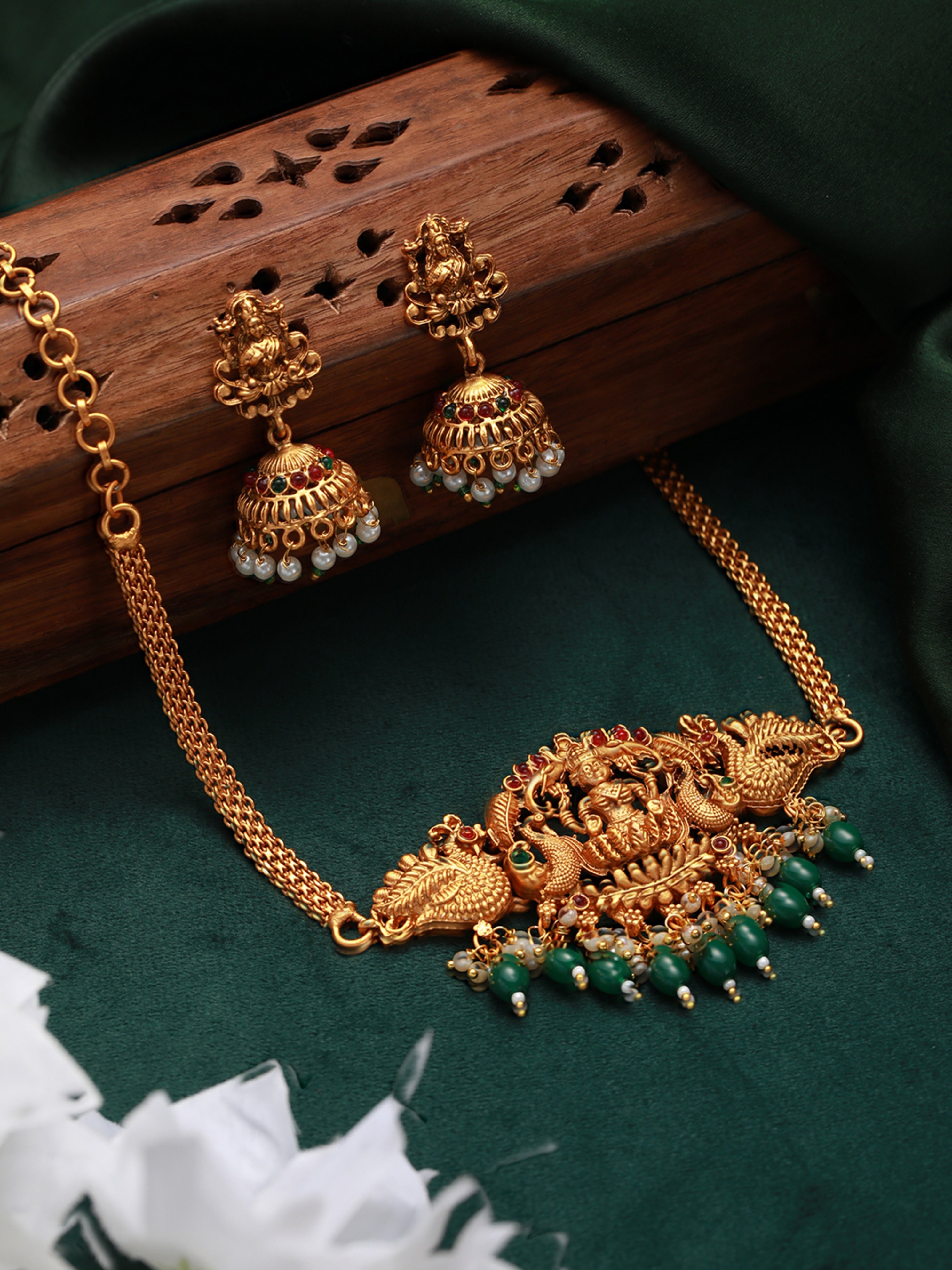 Gold-Plated Red & Green Stone-Studded & Beads-Beaded Lakshmi Temple Jewellery Set
