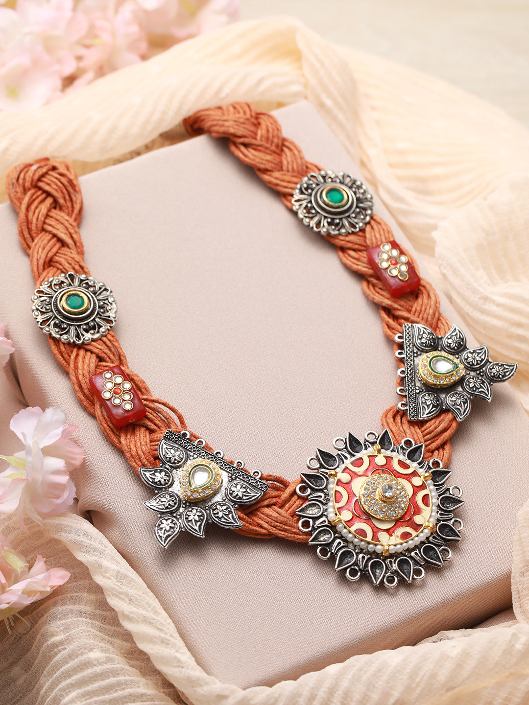 The Knotted Alpaca Yarn Gold-Toned & Orange Jute Necklace