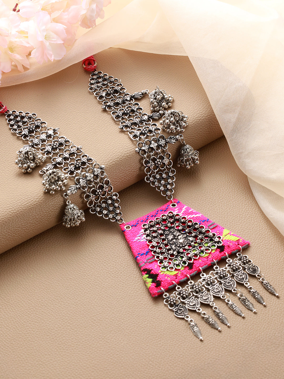 Oxidised Silver-Plated Pink Handcrafted Necklace