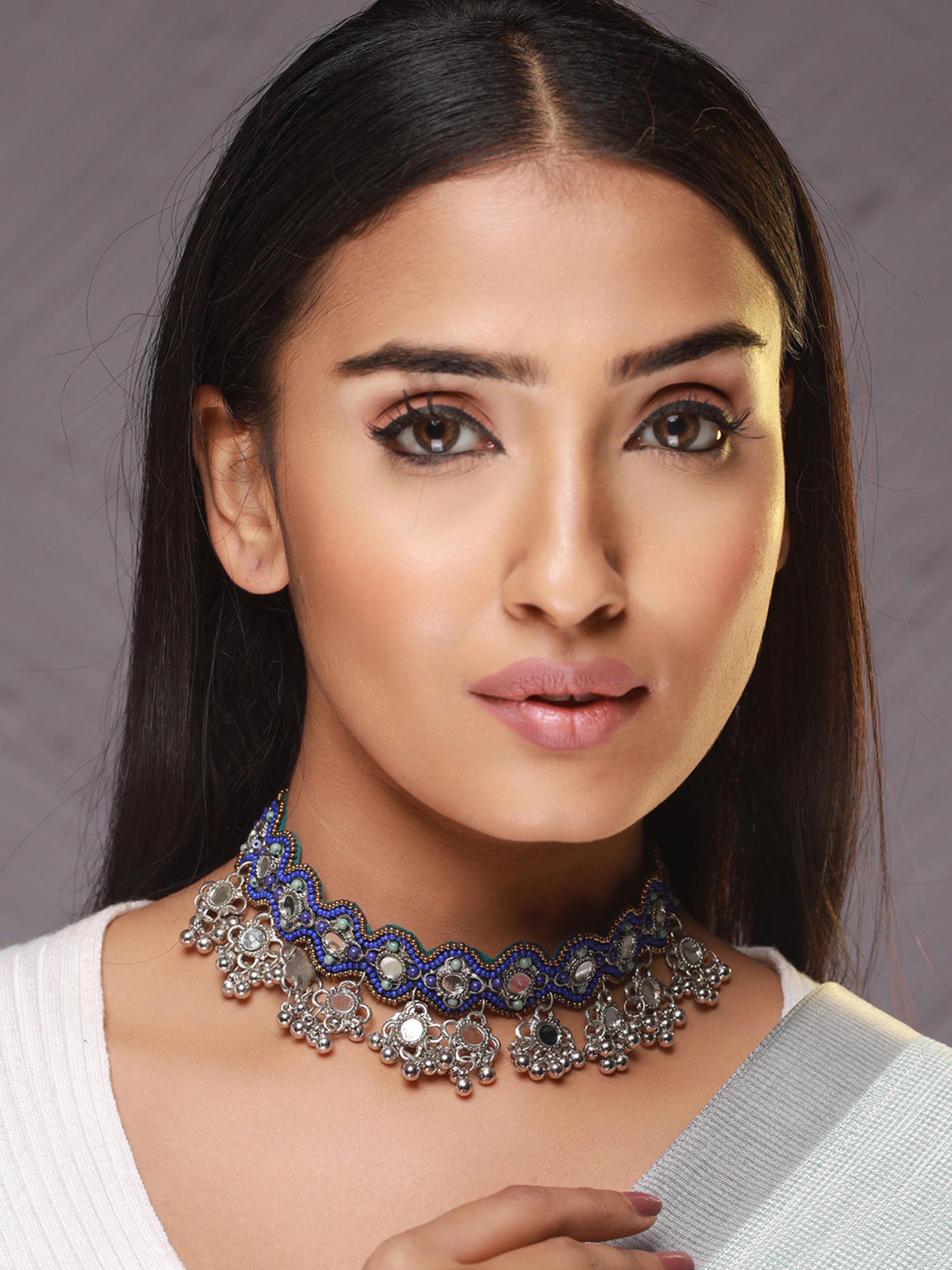 Blue & Silver-Toned Mirror Work Beaded Choker Necklace