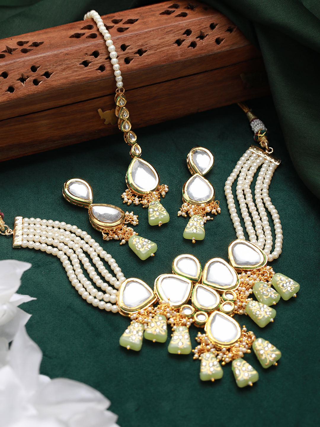 Gold-Plated White & Green Stone-Studded & Pearl Beaded Choker Jewellery Set With Maangtika