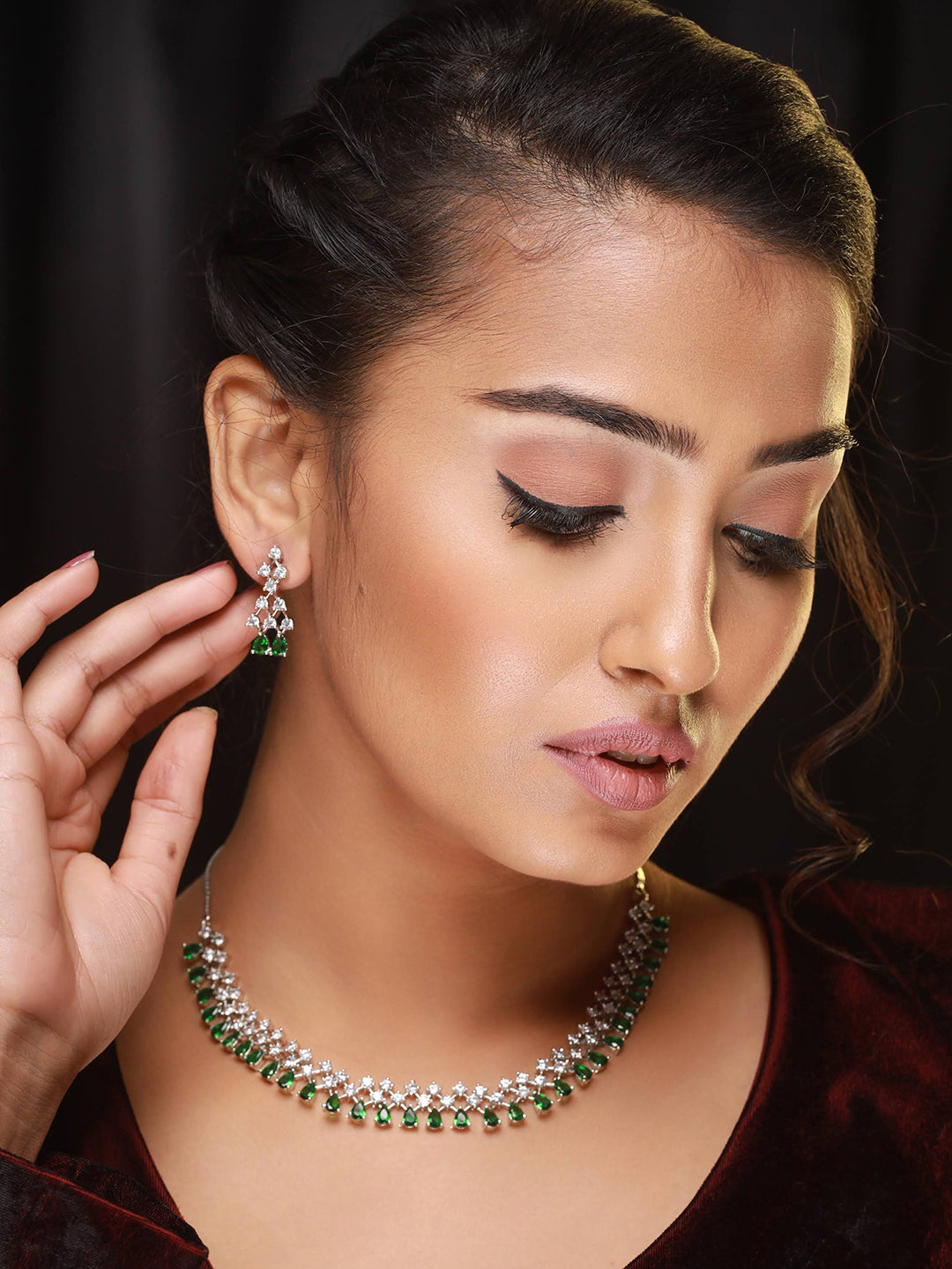 Silver-Plated Green American Diamond Studded Jewellery Set