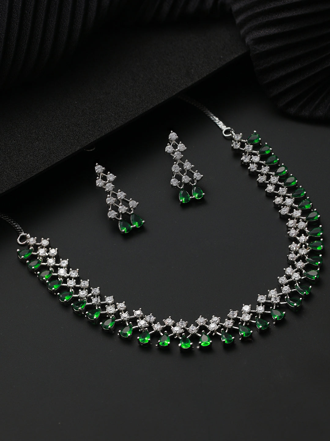 Silver-Plated Green American Diamond Studded Jewellery Set