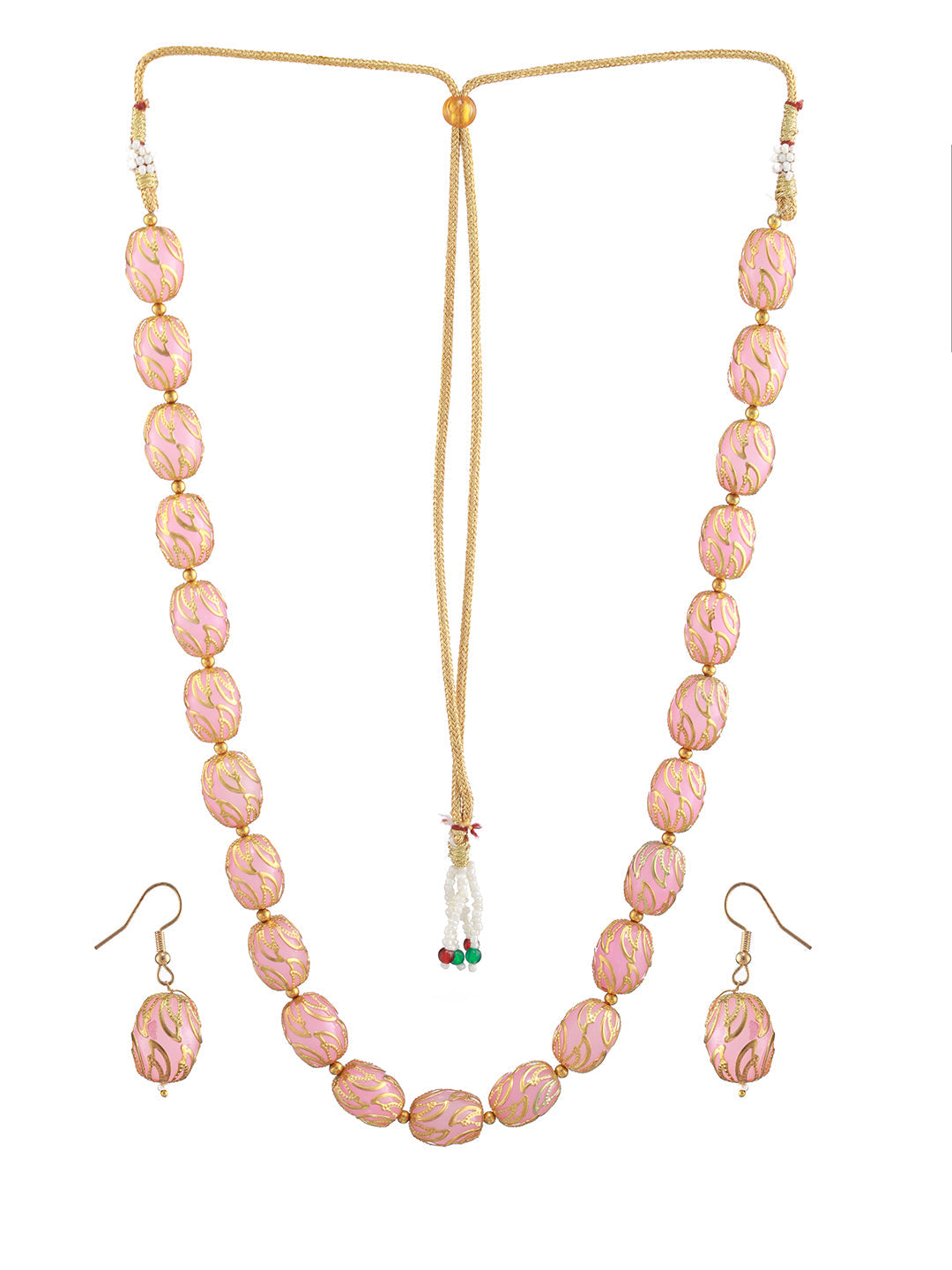 Gold- Plated Pink & Gold Beads Handcrafted Mala With Earrings