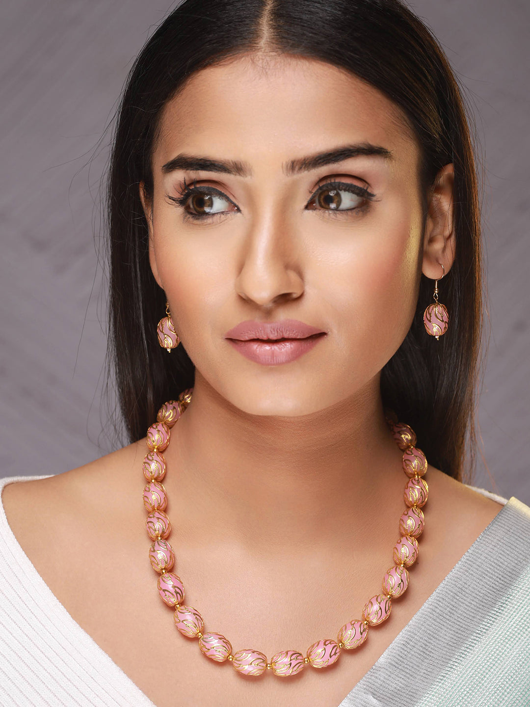 Gold- Plated Pink & Gold Beads Handcrafted Mala With Earrings