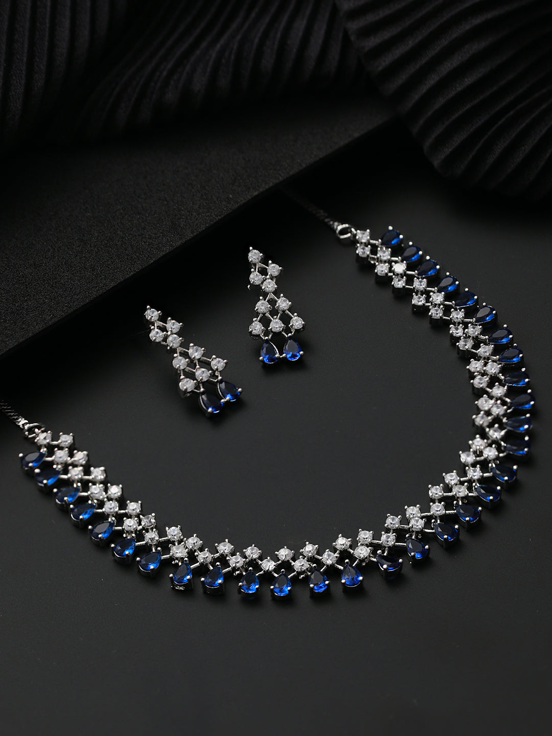 Silver-Plated Blue American Diamond Studded Jewellery Set