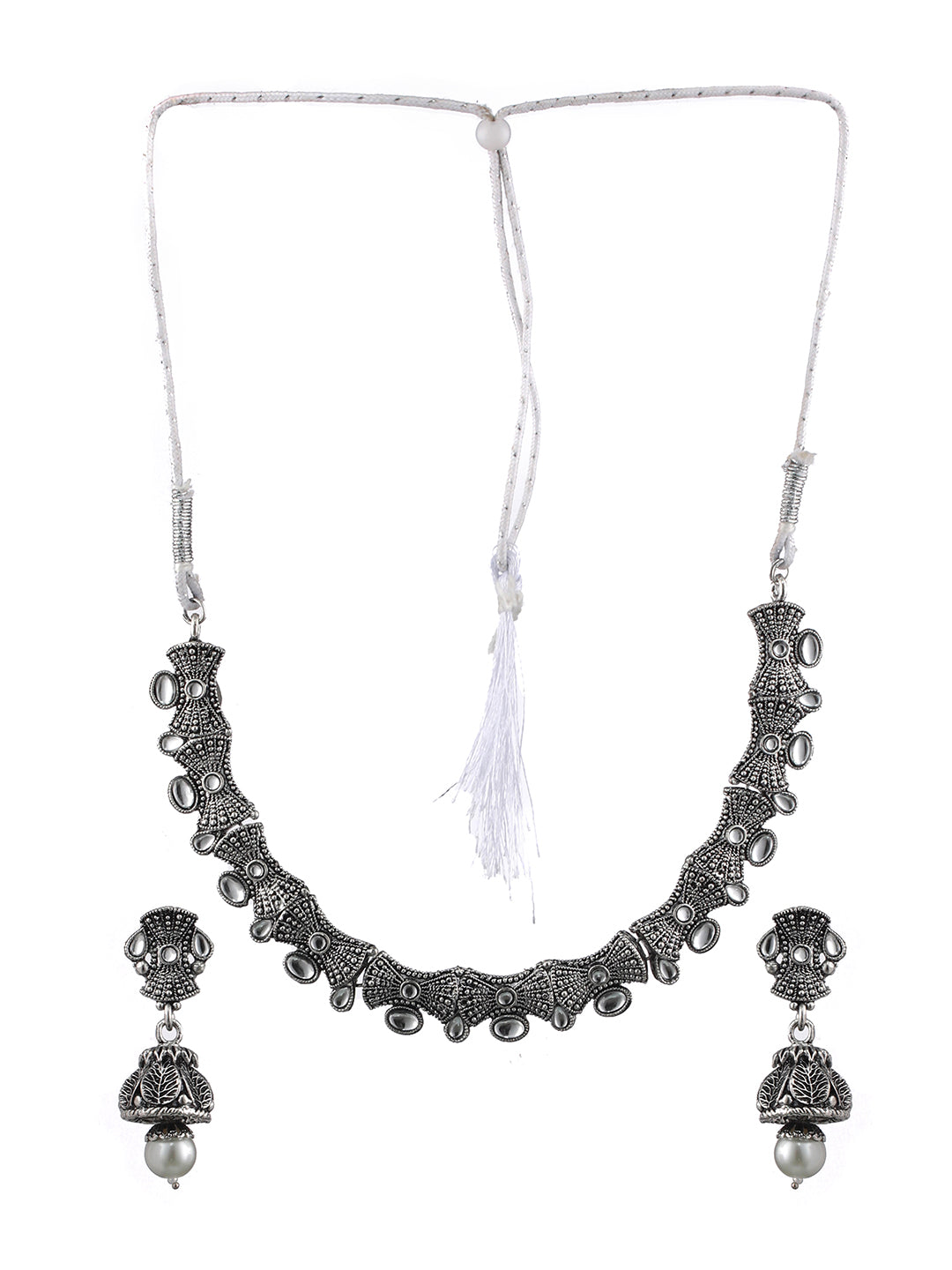 Silver-Toned White Stone-Studded & Beaded Oxidised Jewellery Set