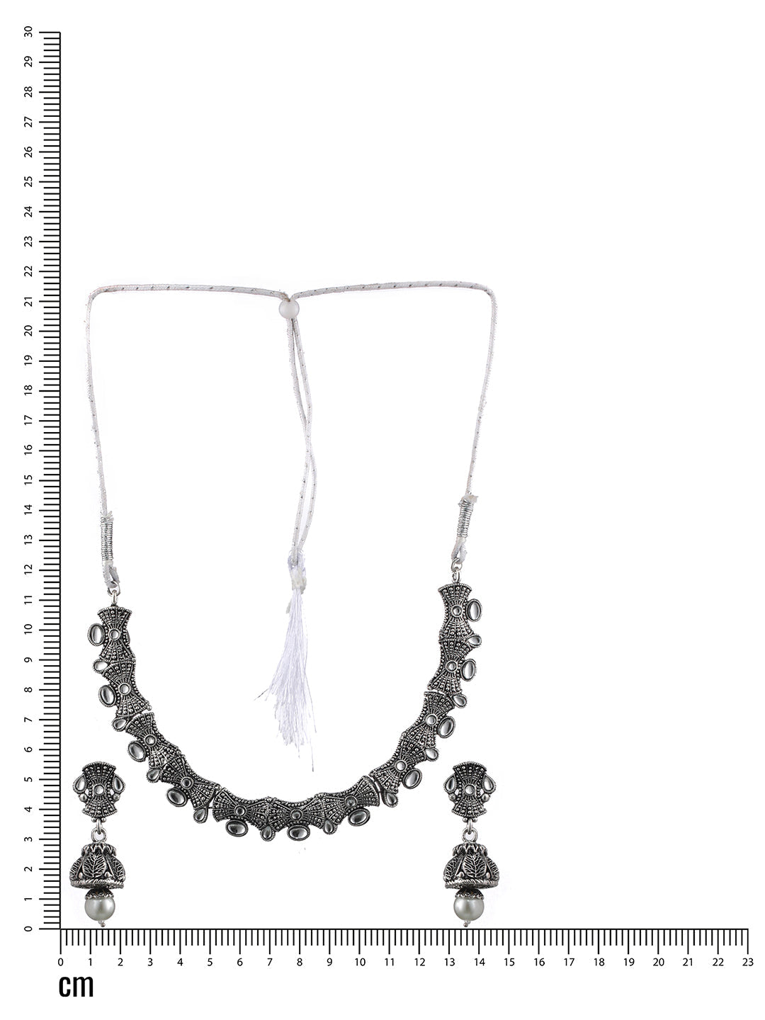Silver-Toned White Stone-Studded & Beaded Oxidised Jewellery Set