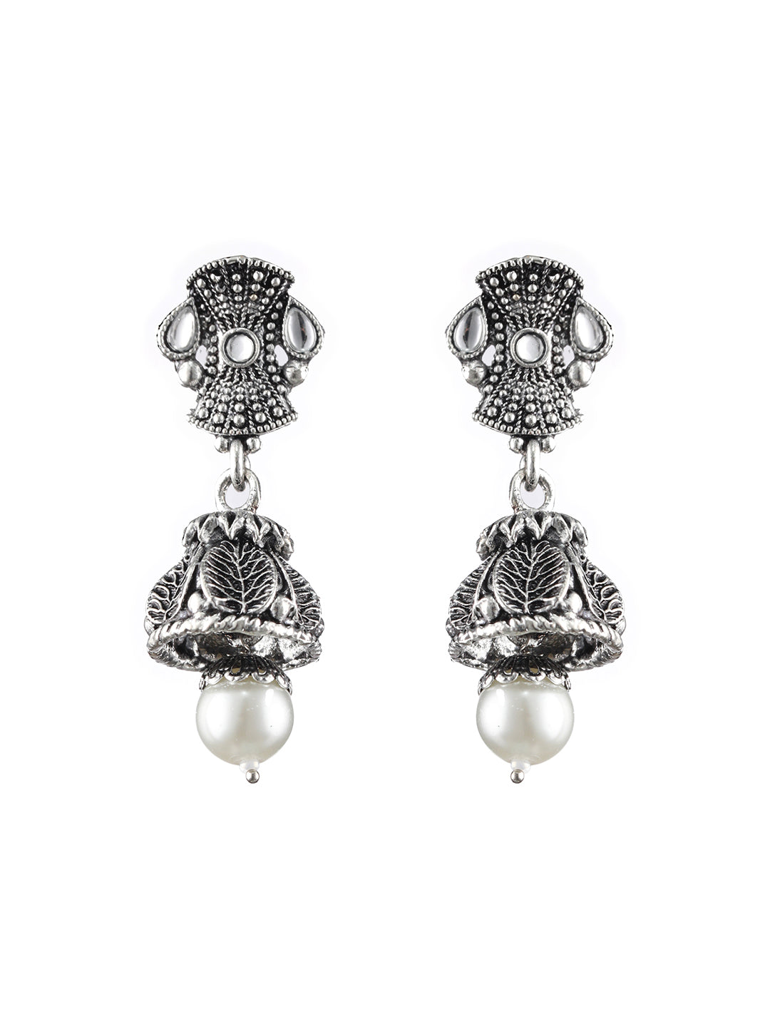 Silver-Toned White Stone-Studded & Beaded Oxidised Jewellery Set