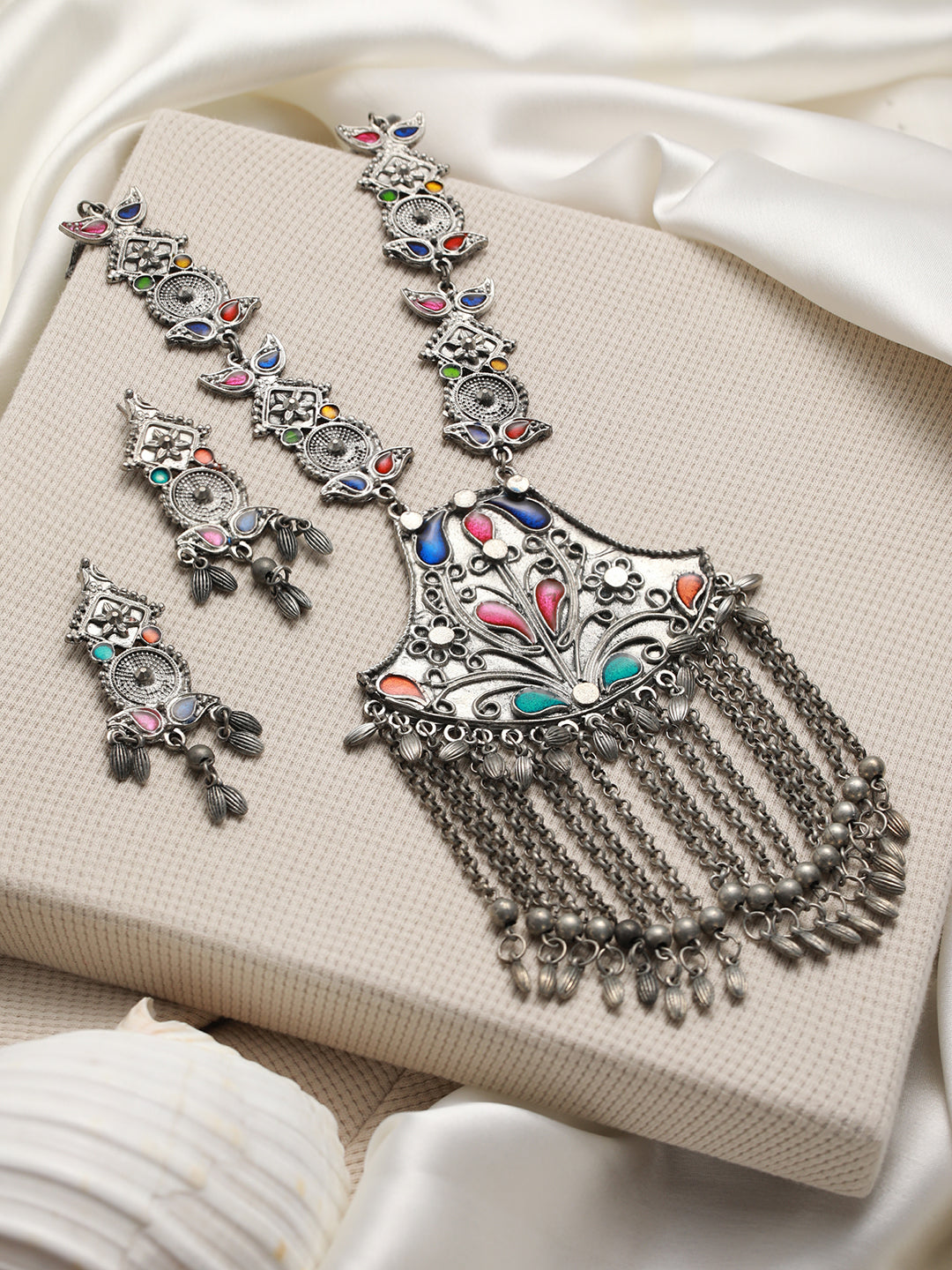 Oxidised Silver-Plated Meenakari & Ghungroo Beads Studded Handcrafted Jewellery Set
