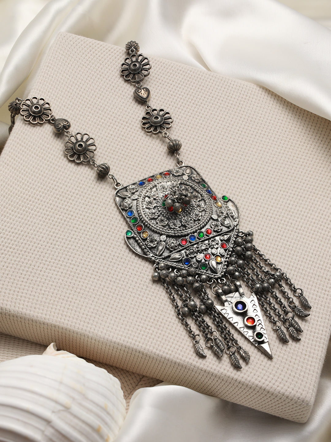 Multicolored Oxidised Silver-Plated Handcrafted Afghan Necklace
