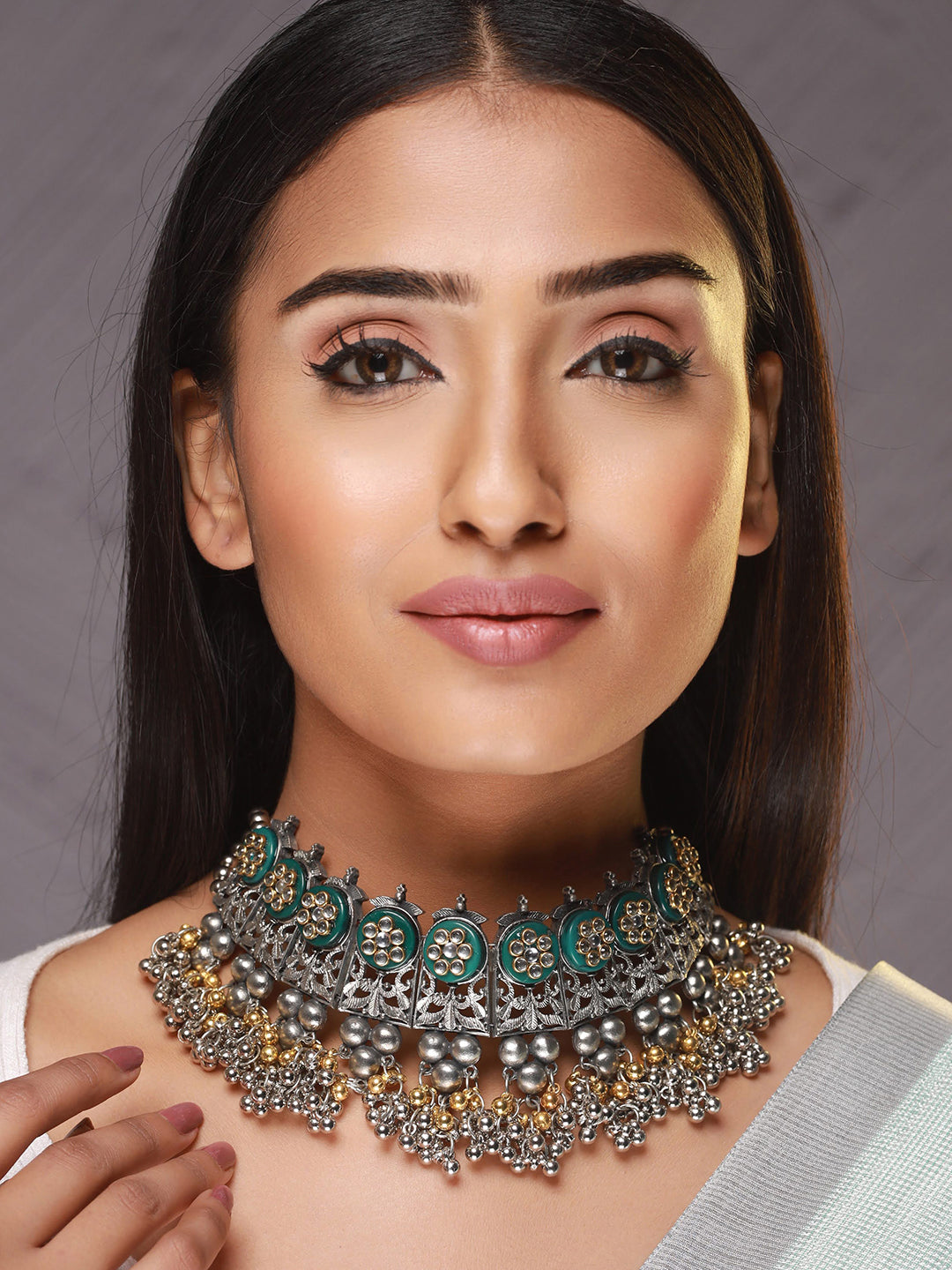 Silver-Plated & Gold-Toned Oxidised Beaded & Kundan Studded Choker Necklace