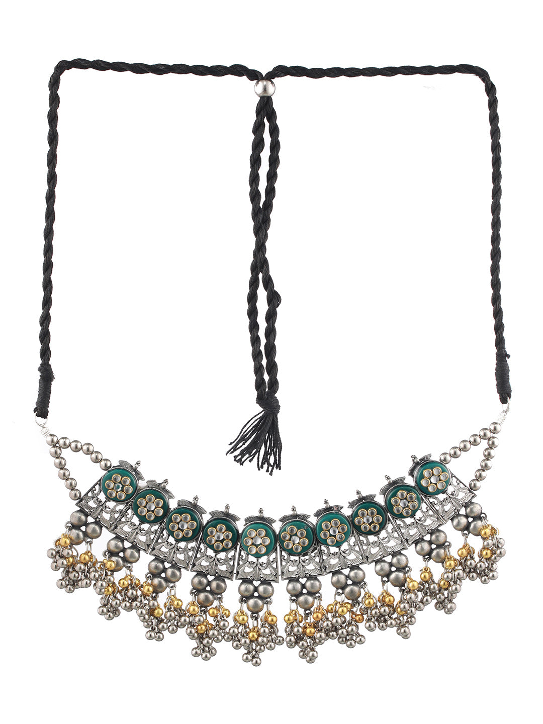 Silver-Plated & Gold-Toned Oxidised Beaded & Kundan Studded Choker Necklace