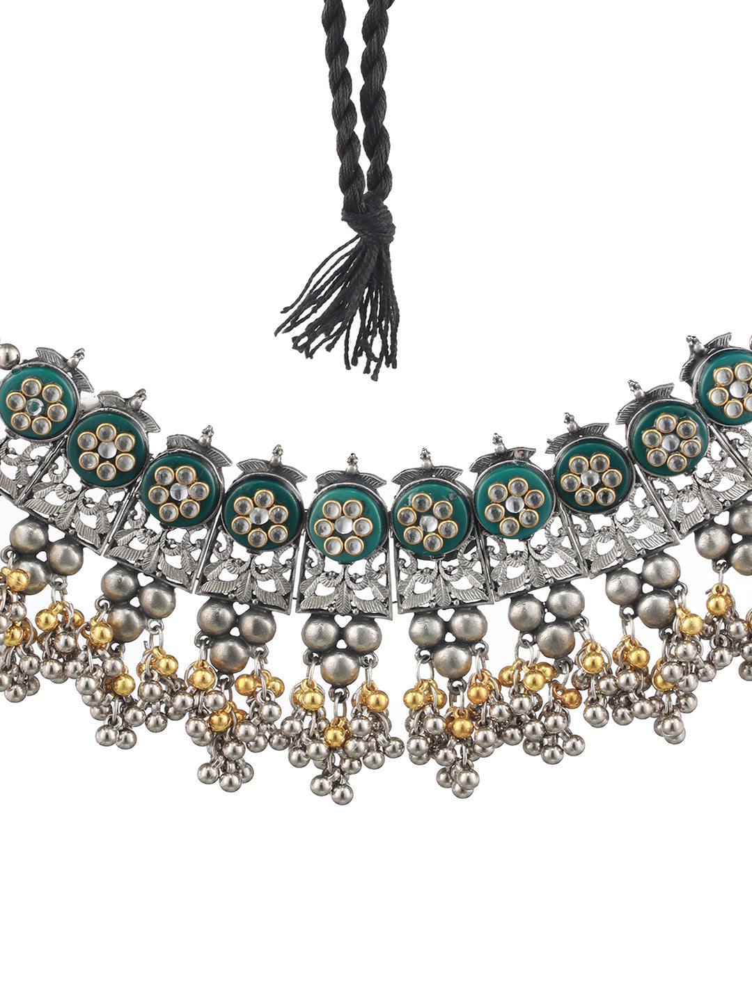 Silver-Plated & Gold-Toned Oxidised Beaded & Kundan Studded Choker Necklace
