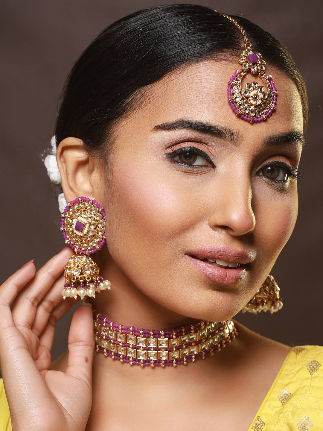Gold-Plated Wine Kundan Studded & Pearl Beaded Choker Jewellery Set With Maangtikka