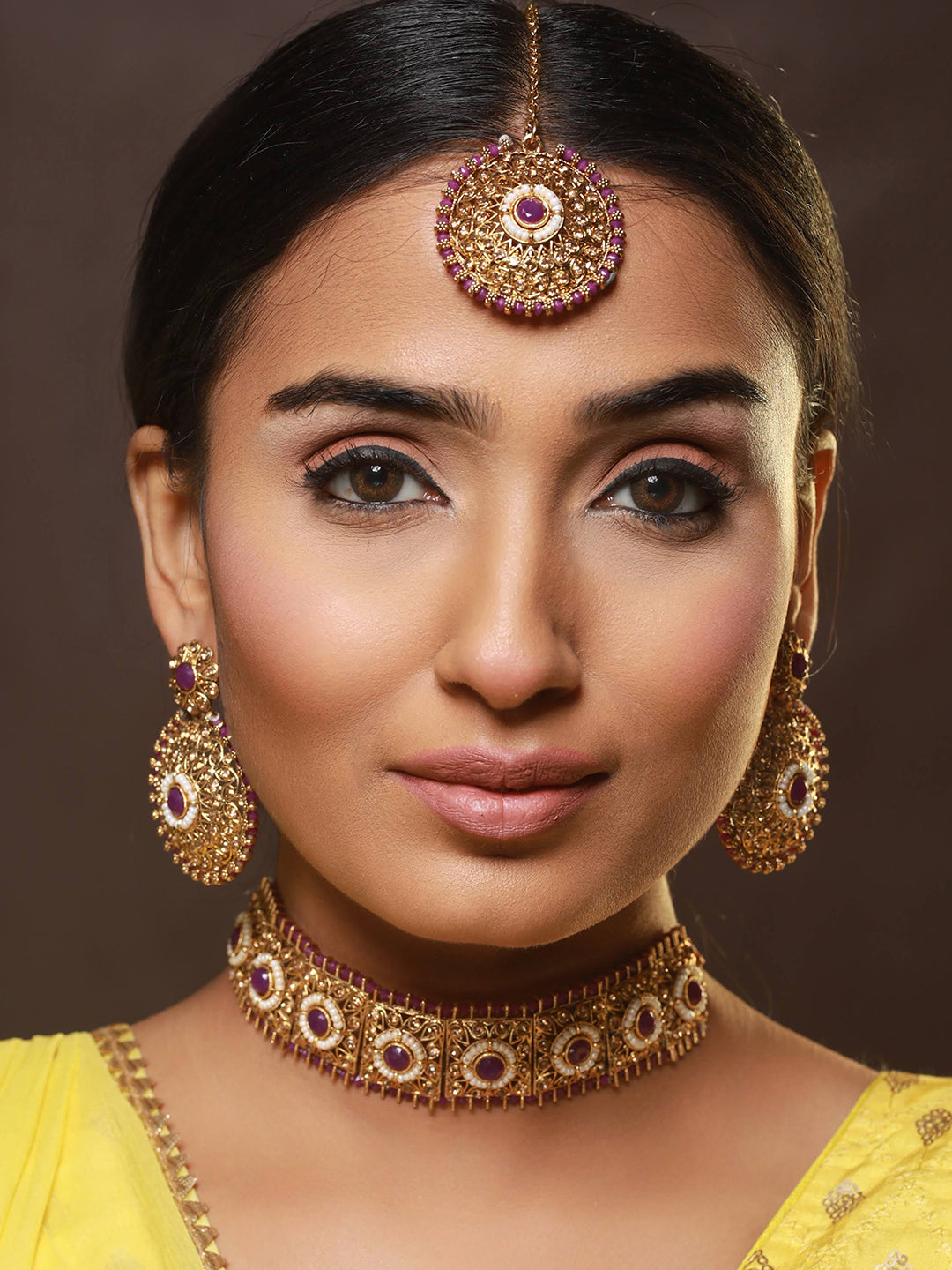 Gold-Plated Purple & White Kundan Studded & Beaded Choker Jewellery Set With Maangtikka