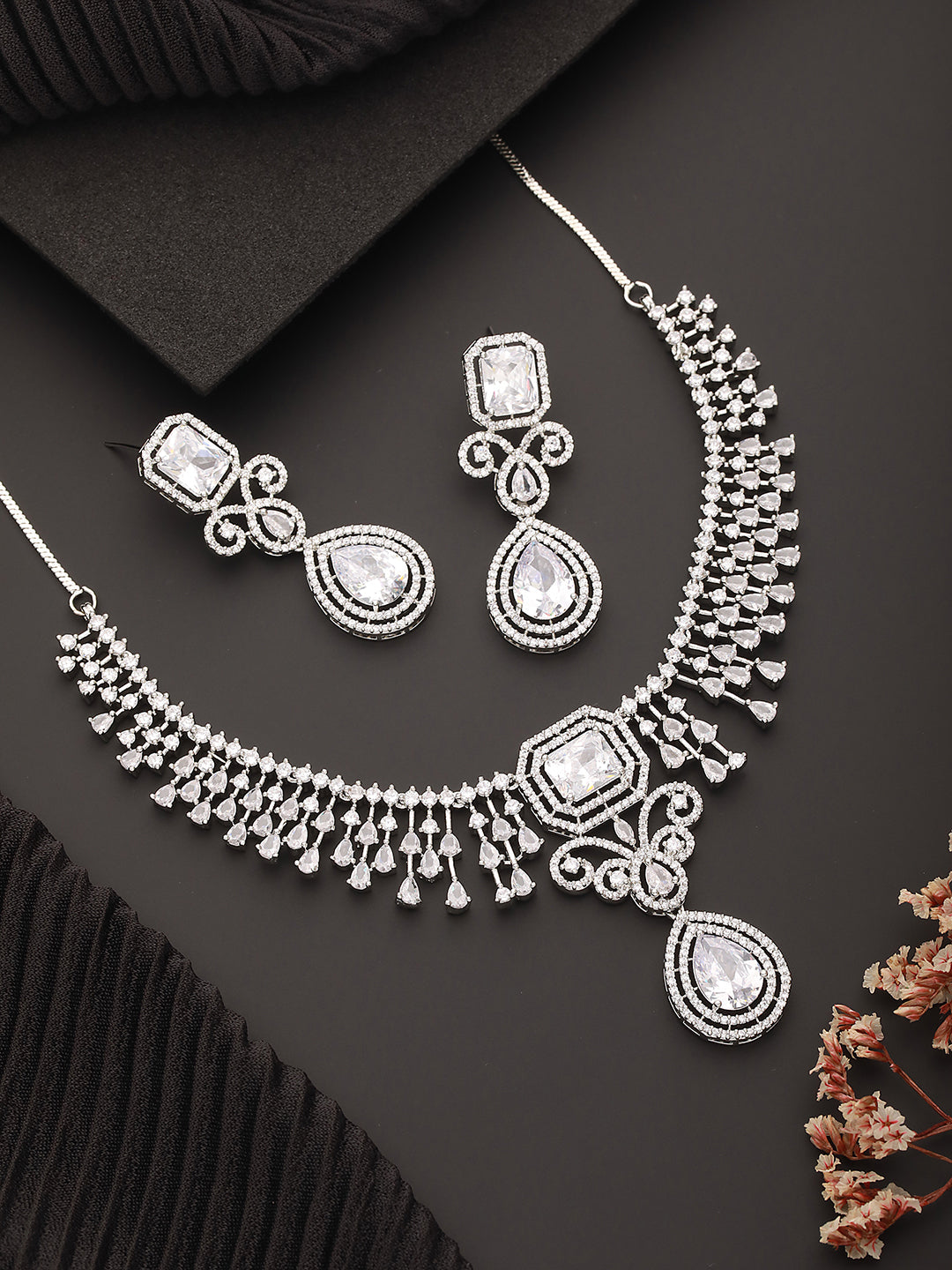 Rhodium-Plated Green American Diamond Studded Handcrafted Jewelry Set