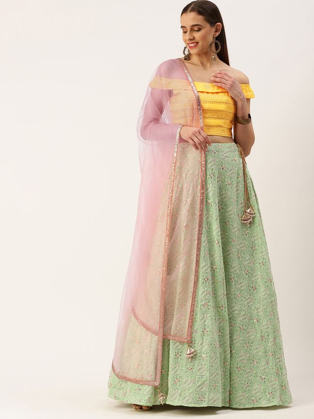 Bollywood Vogue Ready To Wear Yellow N Green Off Shoulder Style Lehenga
