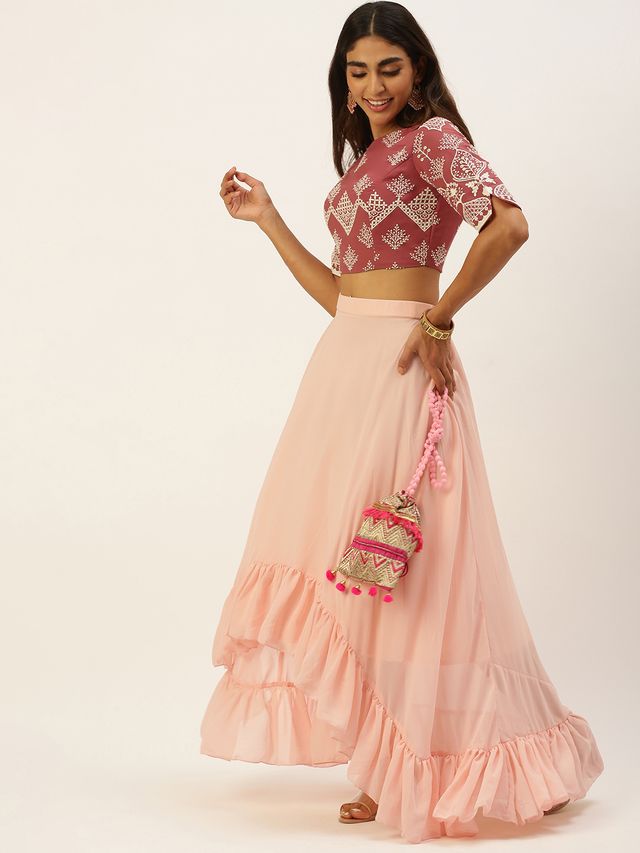 Bollywood Vogue Ready To Wear Mauve Embroidered N Peach Crop Top N Skirt