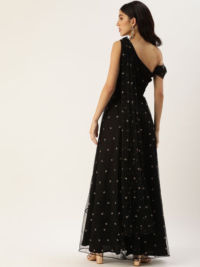 Bollywood Vogue Ready To Wear Black Net Embroidered One Shoulder Gown