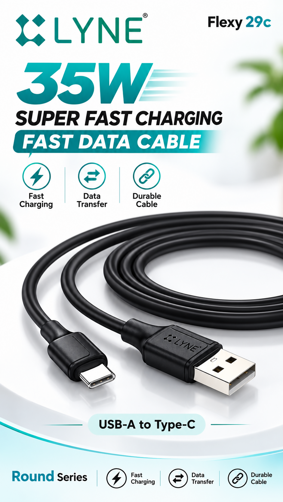 LYNE Flexy 29C Round Series 35W USB-A to Type-C Super Fast Charging Data Cable – 1 Metre, Black/White