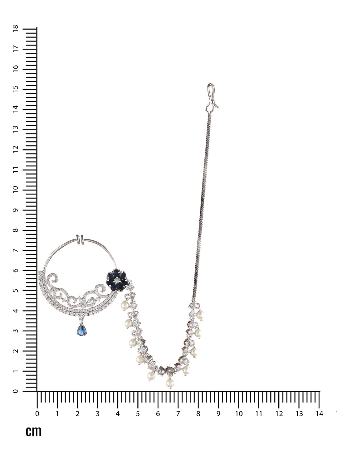Silver Plated Blue Floral American Diamond Studded Handcrafted Nose Ring With Pearl Drop Chain