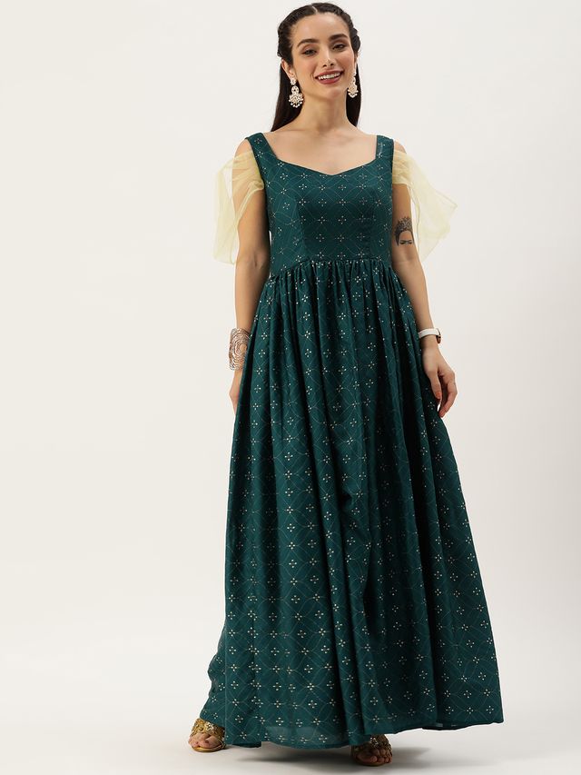 Bollywood Vogue Ready To Wear Teal Green Art Silk Foil Printed Gown